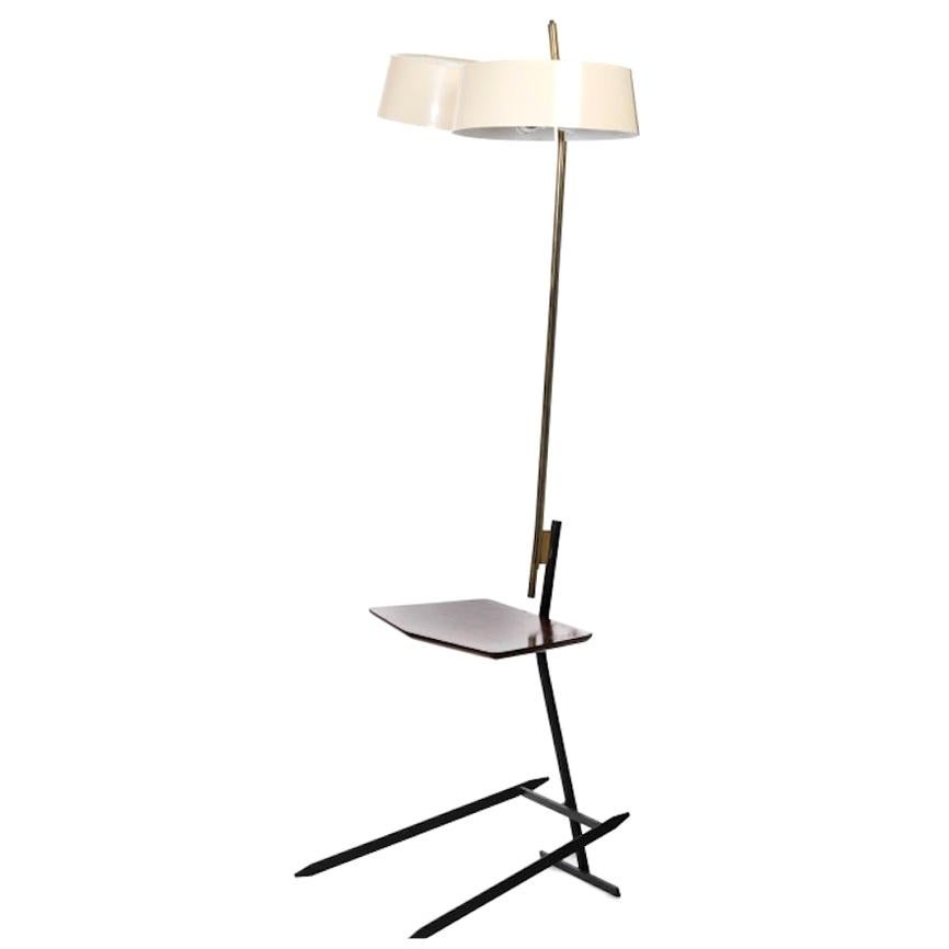 Brass and Lacquered Metal Floor Lamp with Wooden Magazine Shelf