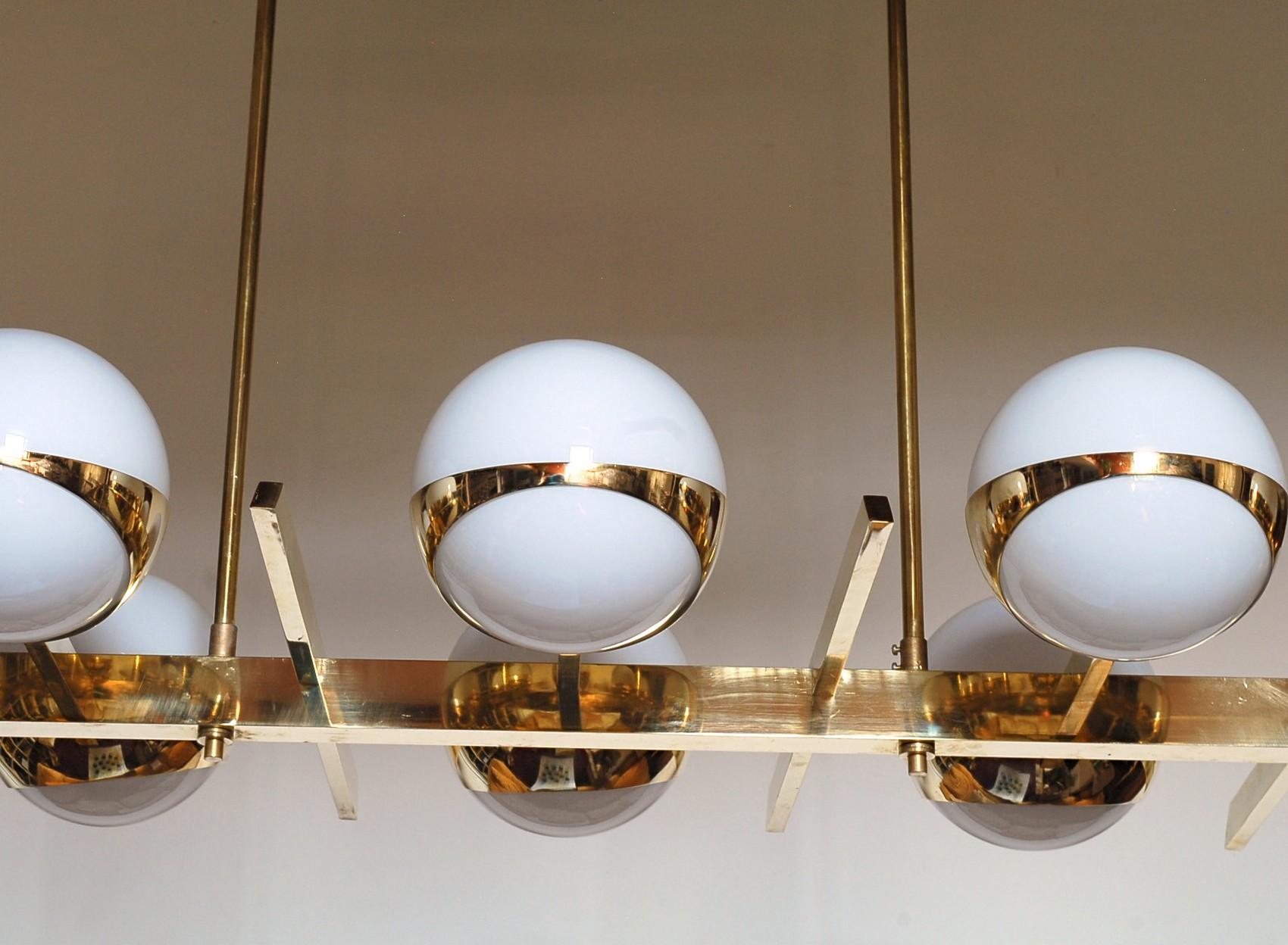 Brass and Lattimo Glass Chandelier 10 Spheres Stilnovo Designed for Light Output 3