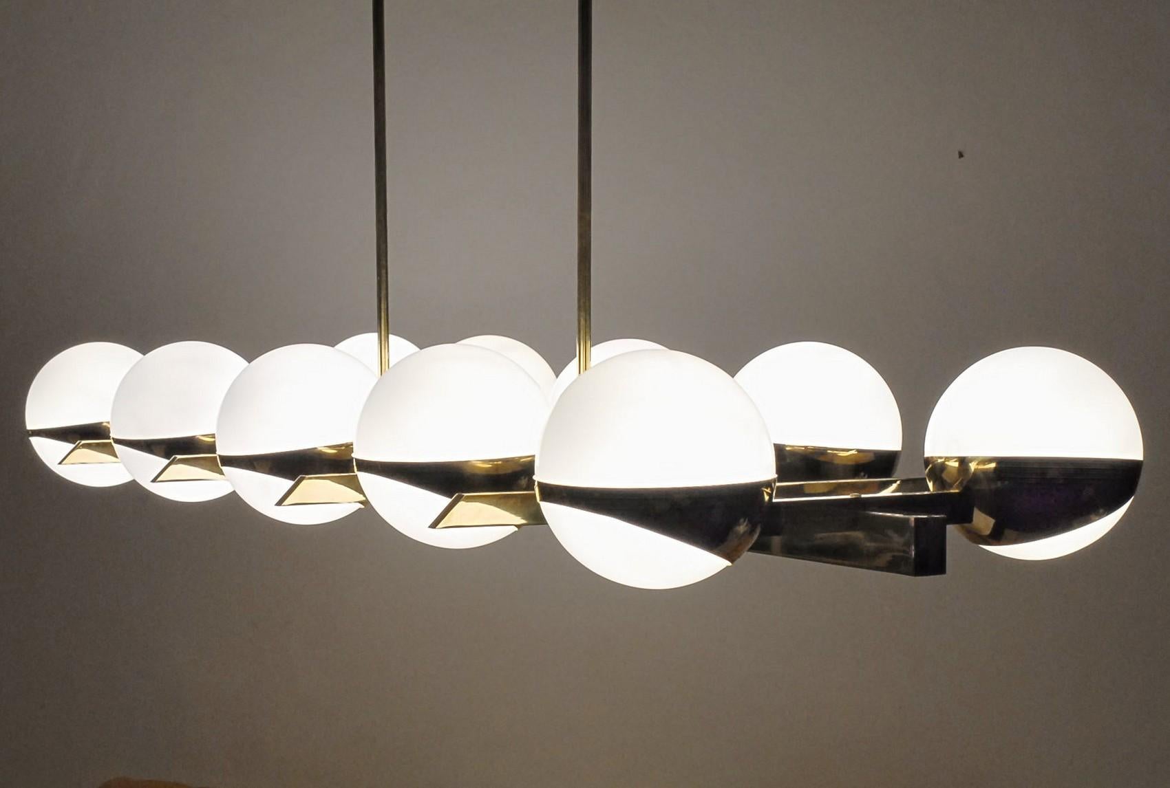 Brass and Lattimo Glass Chandelier 10 Spheres Stilnovo Designed for Light Output 4
