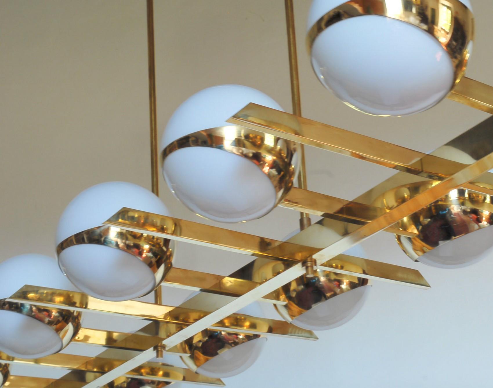 Brass and Lattimo Glass Chandelier 10 Spheres Stilnovo Designed for Light Output 5
