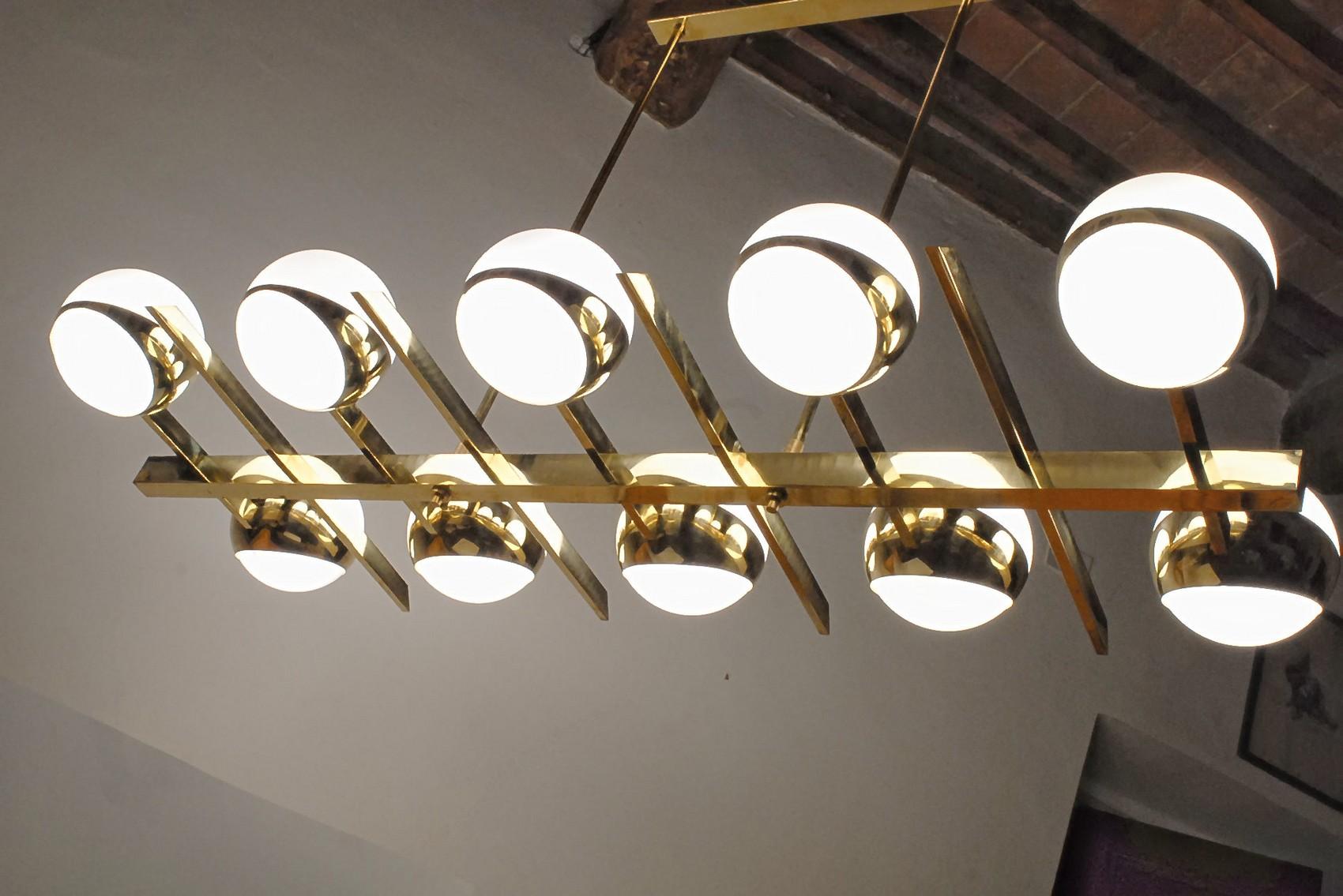 Brass and Lattimo Glass Chandelier 10 Spheres Stilnovo Designed for Light Output 6