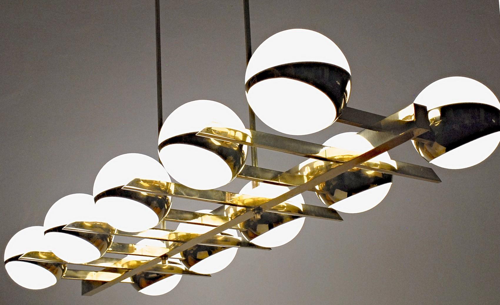 Brass and Lattimo Glass Chandelier 10 Spheres Stilnovo Designed for Light Output 7