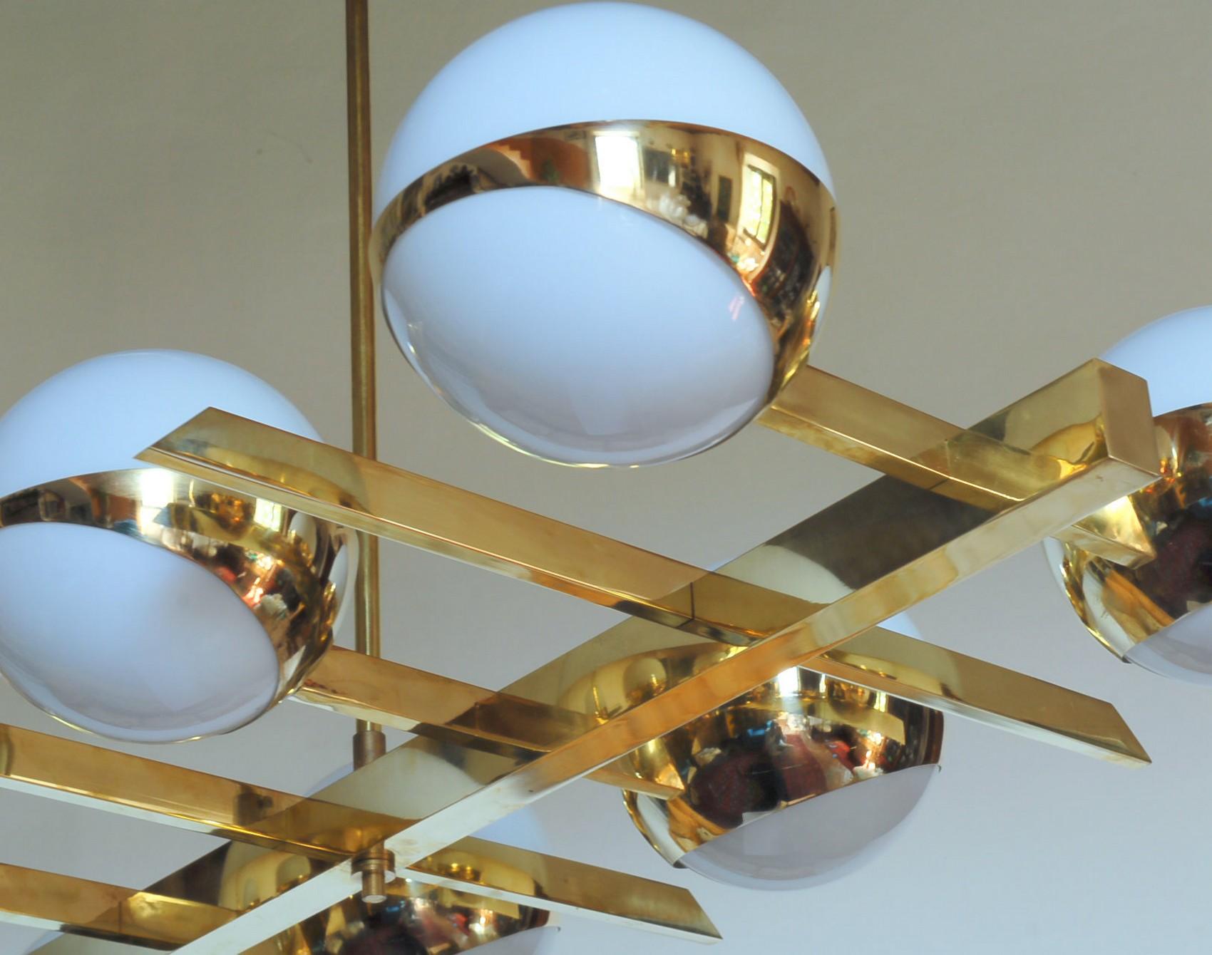 Brass and Lattimo Glass Chandelier 10 Spheres Stilnovo Designed for Light Output 8