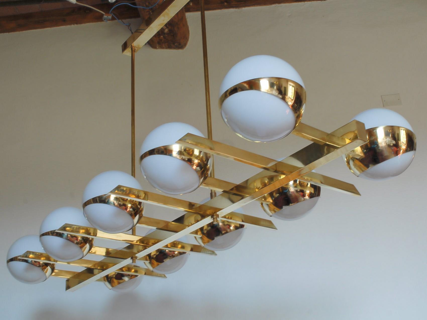 Brass and Lattimo Glass Chandelier 10 Spheres Stilnovo Designed for Light Output 9