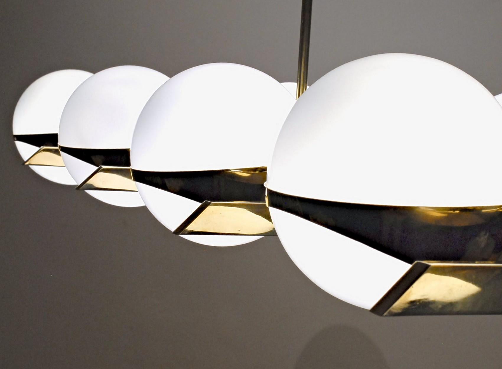 Mid-Century Modern Brass and Lattimo Glass Chandelier 10 Spheres Stilnovo Designed for Light Output