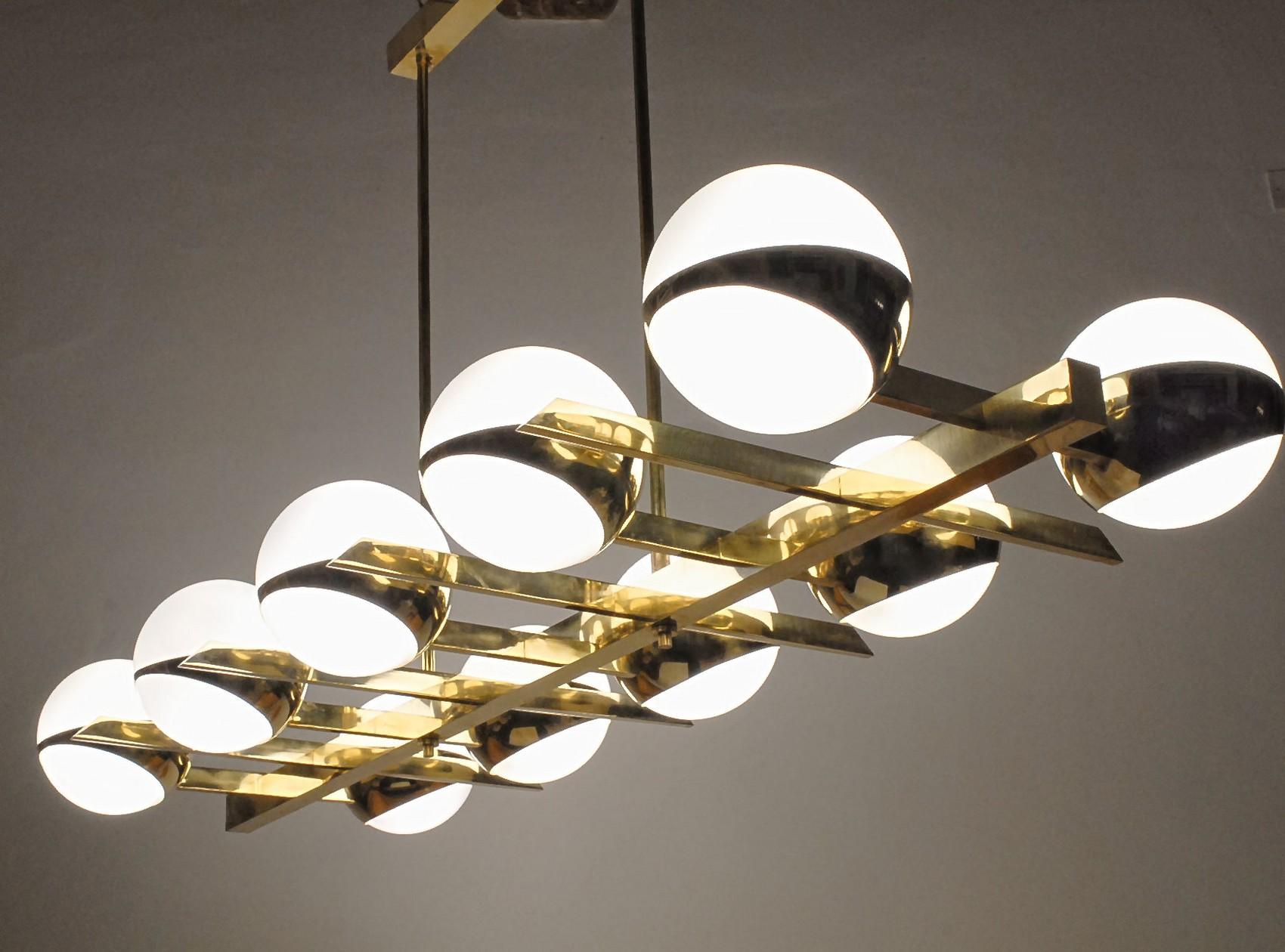 Italian Brass and Lattimo Glass Chandelier 10 Spheres Stilnovo Designed for Light Output