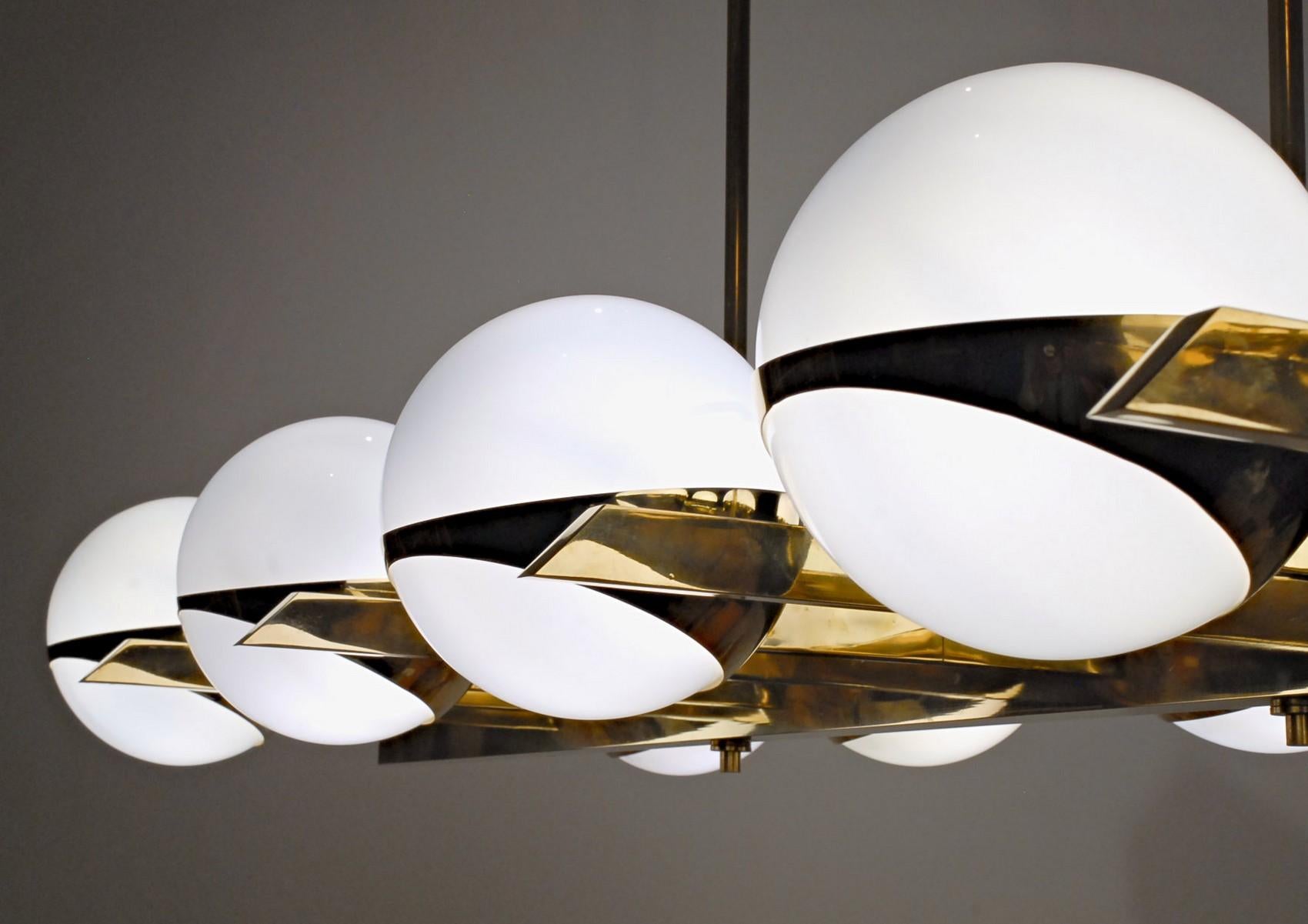 Brass and Lattimo Glass Chandelier 10 Spheres Stilnovo Designed for Light Output 1