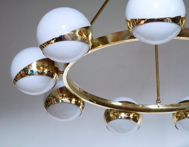 Brass and lattimo glass chandelier, 9 spheres Stilnovo Designed for light output 8