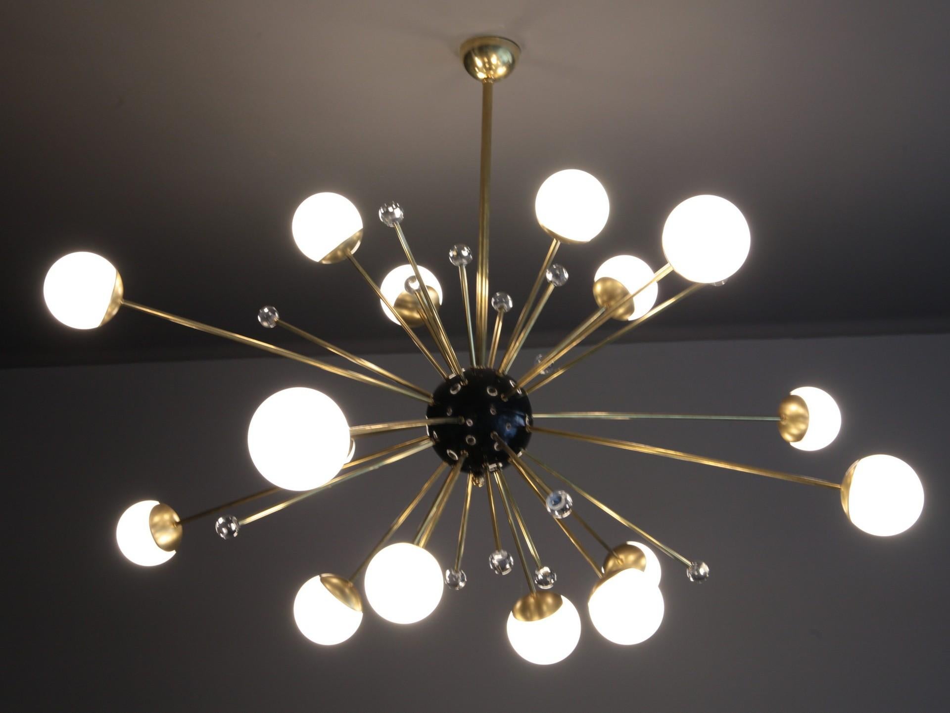 Mid-Century Modern Brass and Lattimo Sputnik Chandelier 16 Lights and Clear Orbs Playing with Light