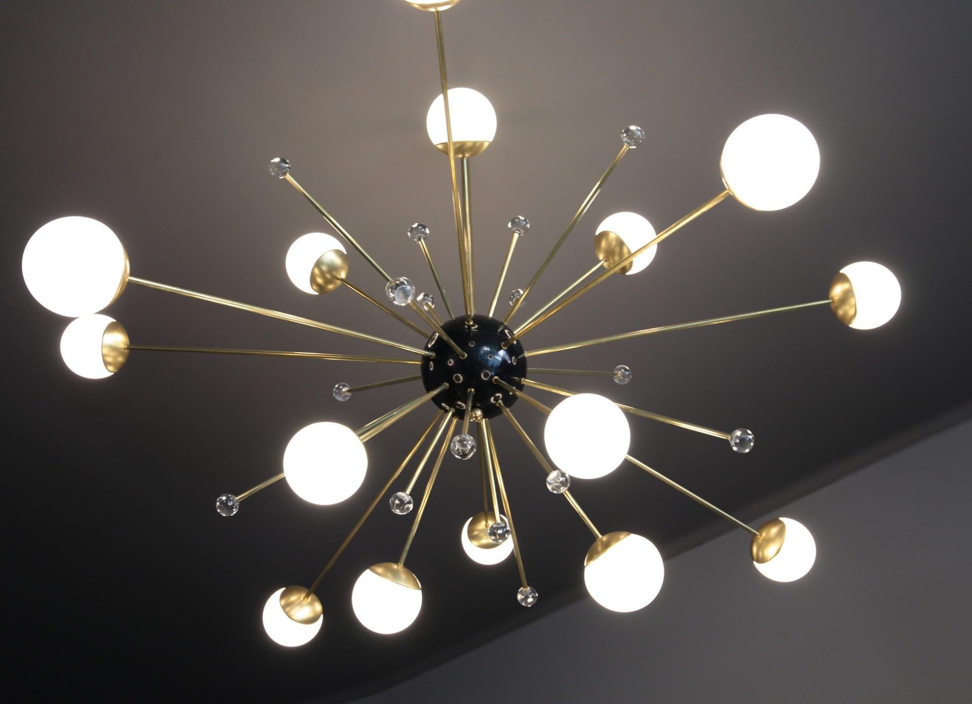 Patinated Brass and Lattimo Sputnik Chandelier 16 Lights and Clear Orbs Playing with Light