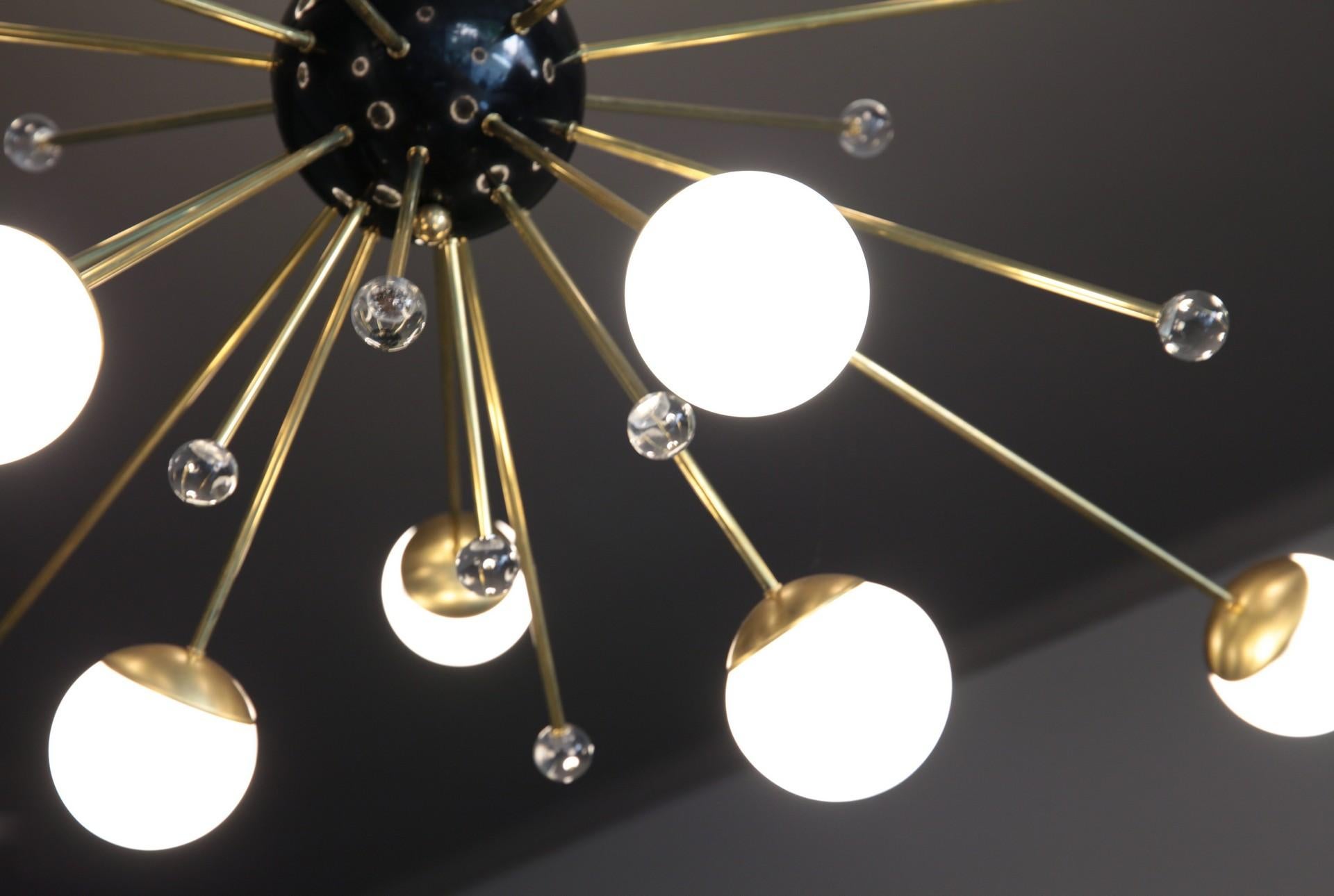 Contemporary Brass and Lattimo Sputnik Chandelier 16 Lights and Clear Orbs Playing with Light