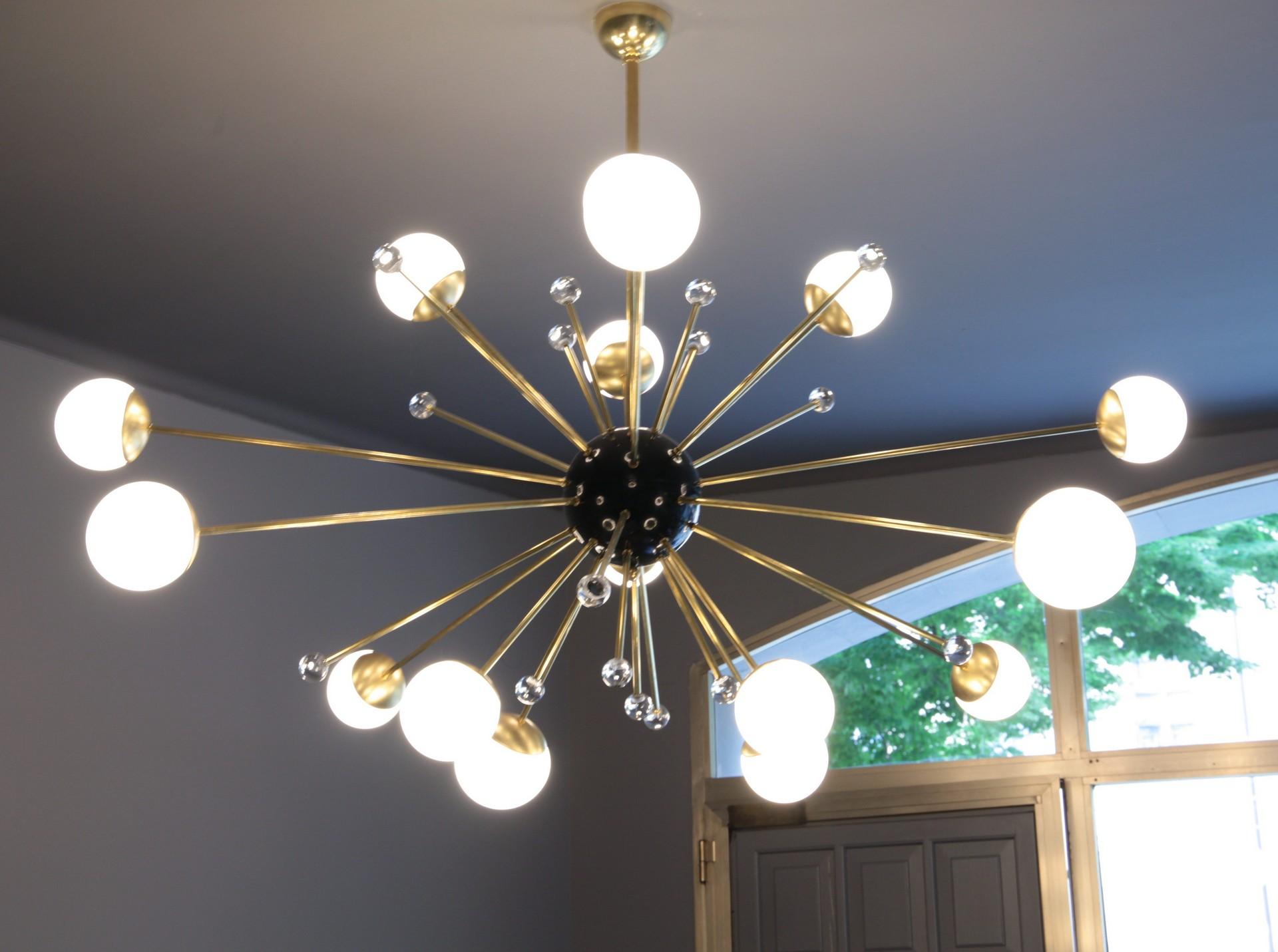 Metal Brass and Lattimo Sputnik Chandelier 16 Lights and Clear Orbs Playing with Light