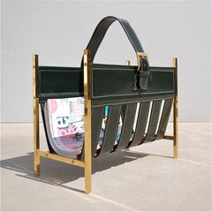 Brass and Leather Adnet Style Magazine Rack, 1960s France