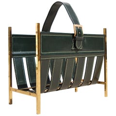 Vintage Brass and Leather Adnet Style Magazine Rack, 1960s France