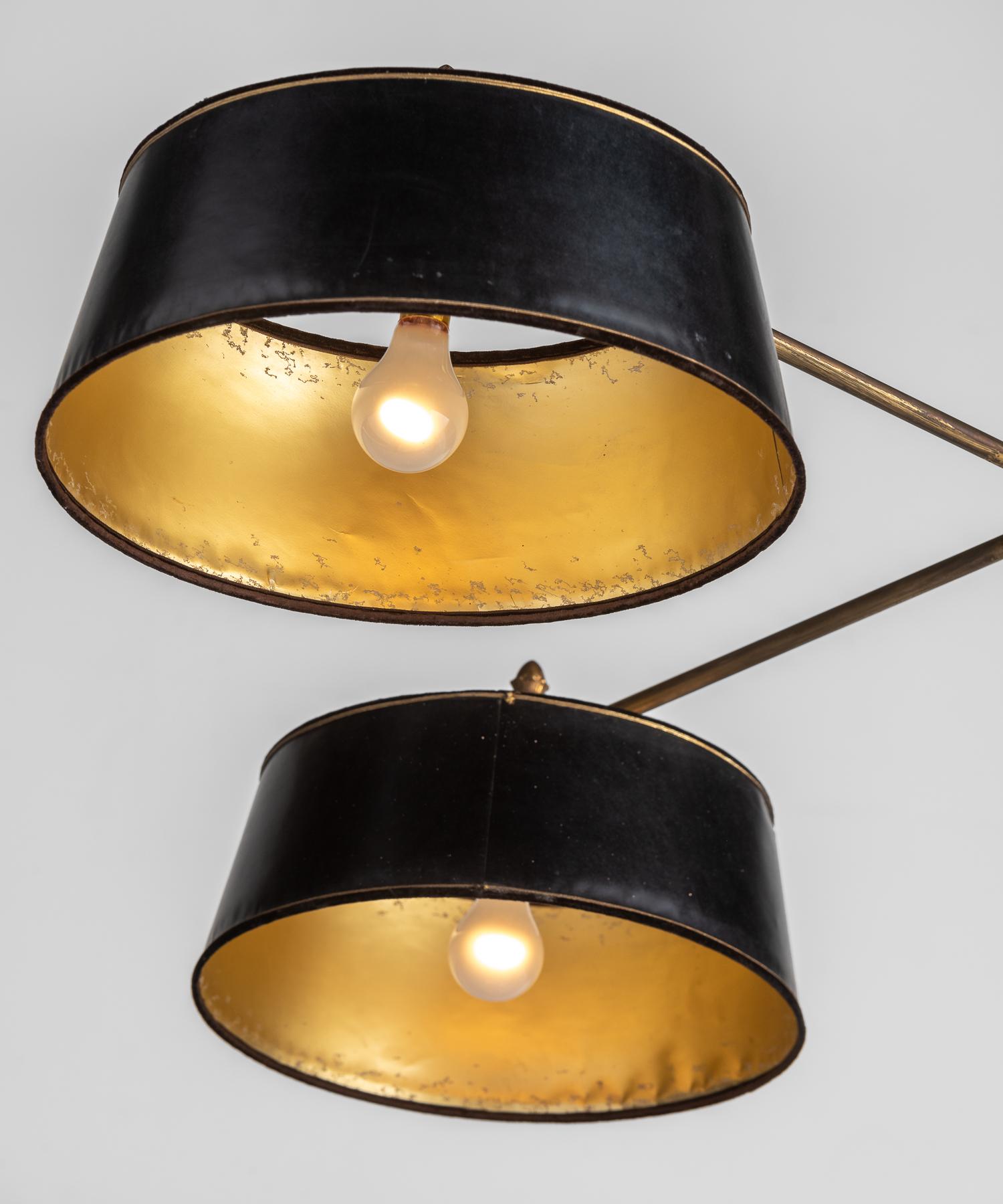 Brass and Leather Billiard Lights, France, circa 1950 In Good Condition In Culver City, CA