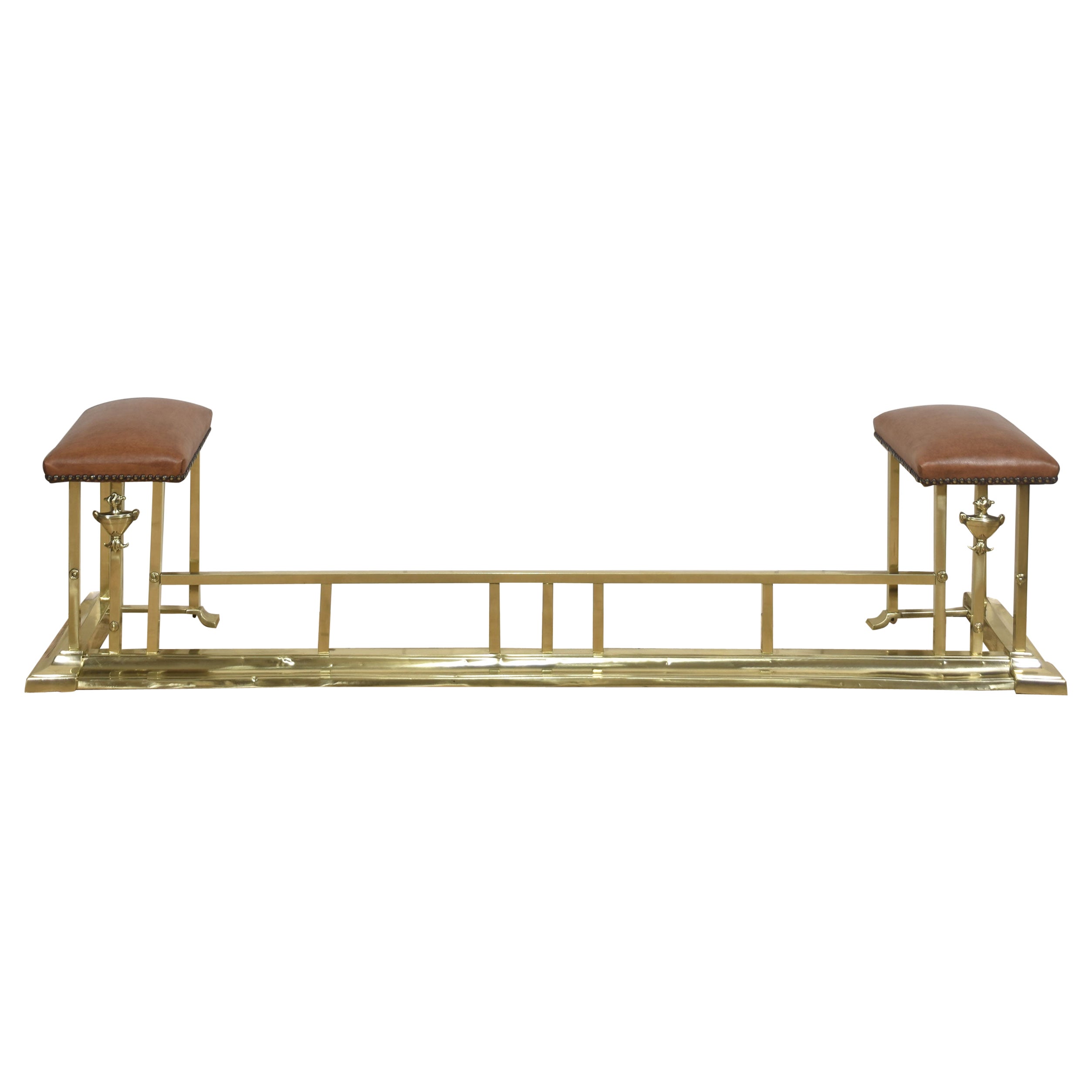Brass and Leather Club Fender with Upholstered End Seats