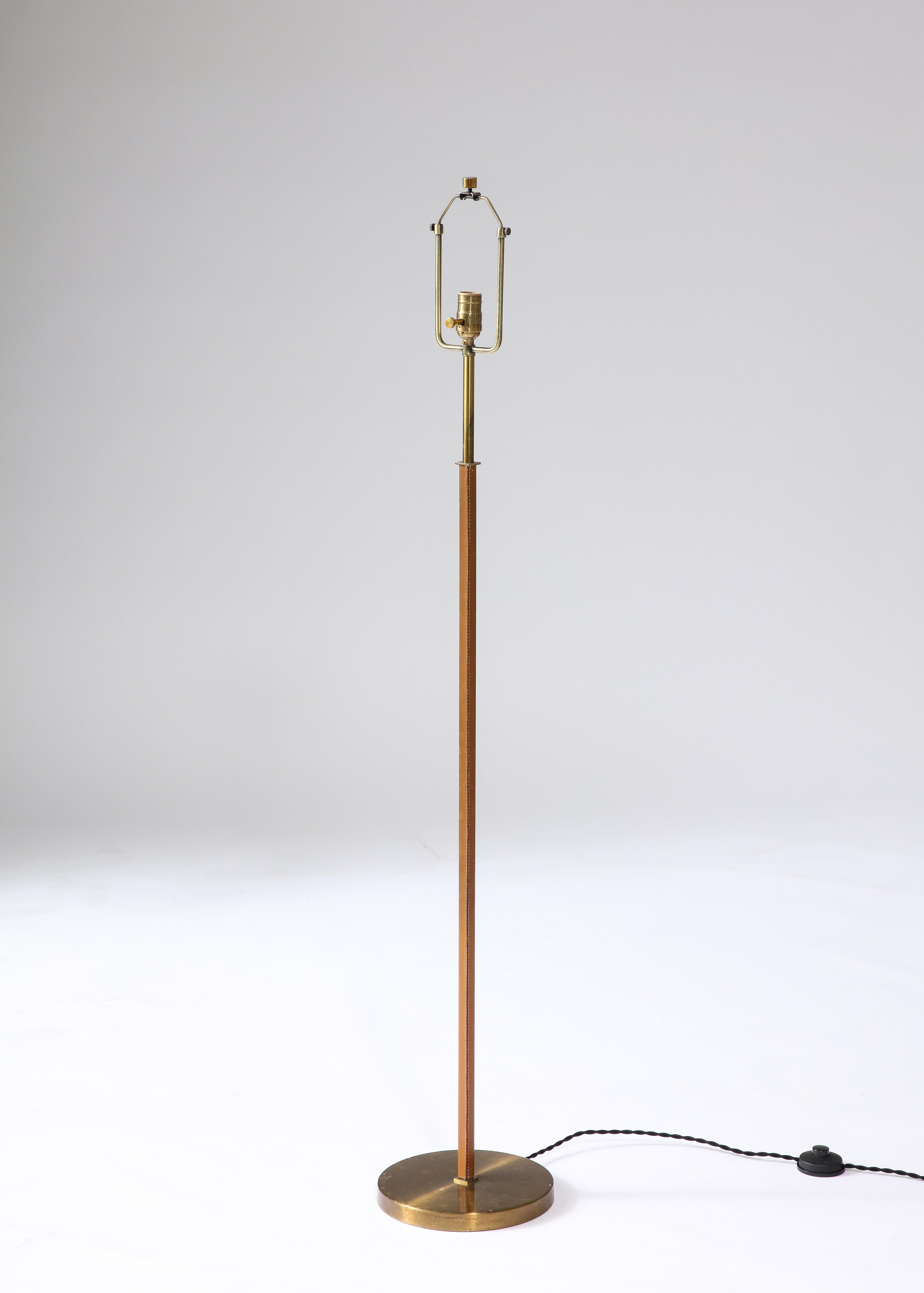 Modern Brass and Leather Floor Lamp by Falkenbergs Belysning, Sweden, c. 1950 For Sale