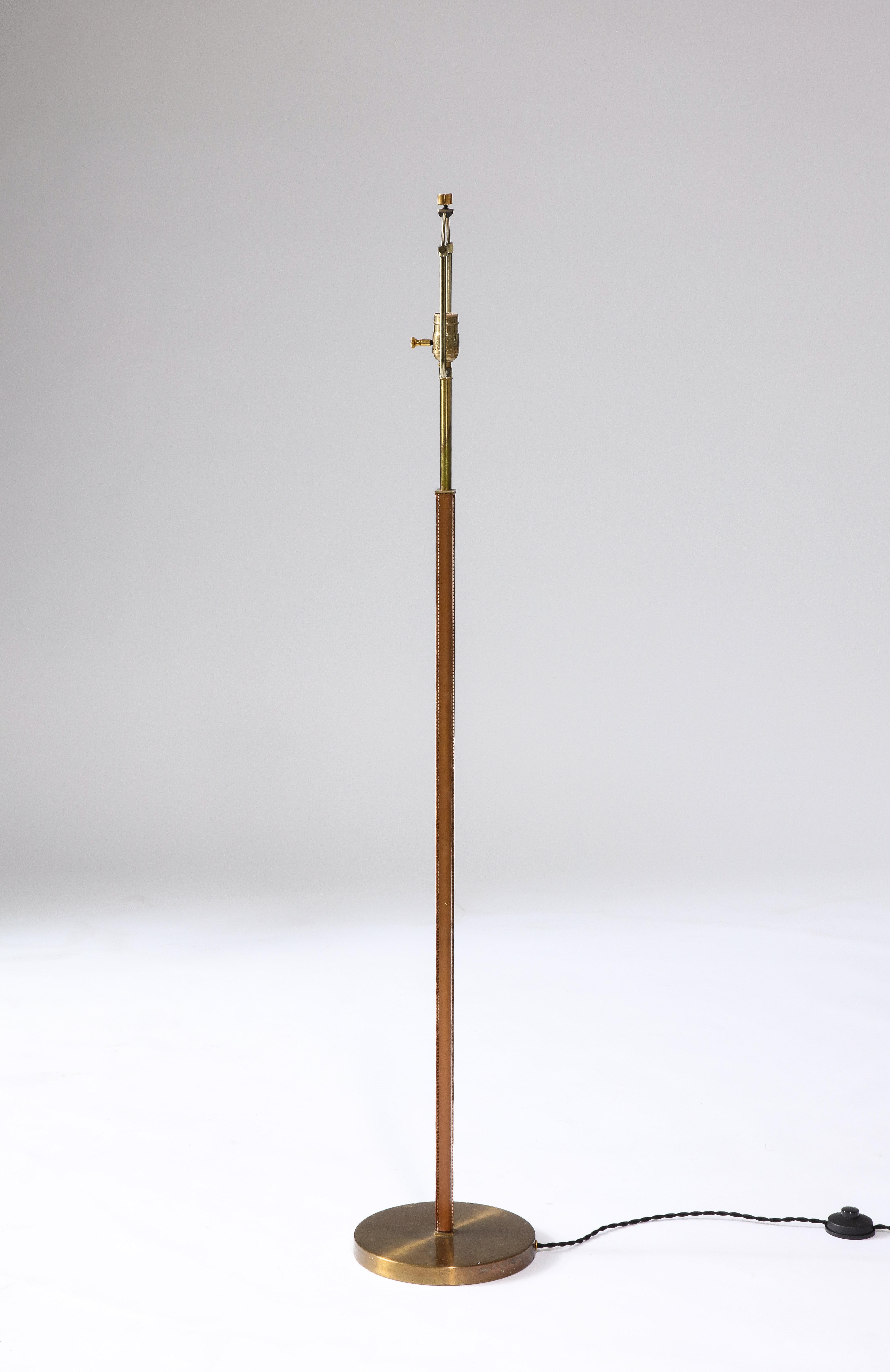 Swedish Brass and Leather Floor Lamp by Falkenbergs Belysning, Sweden, c. 1950 For Sale