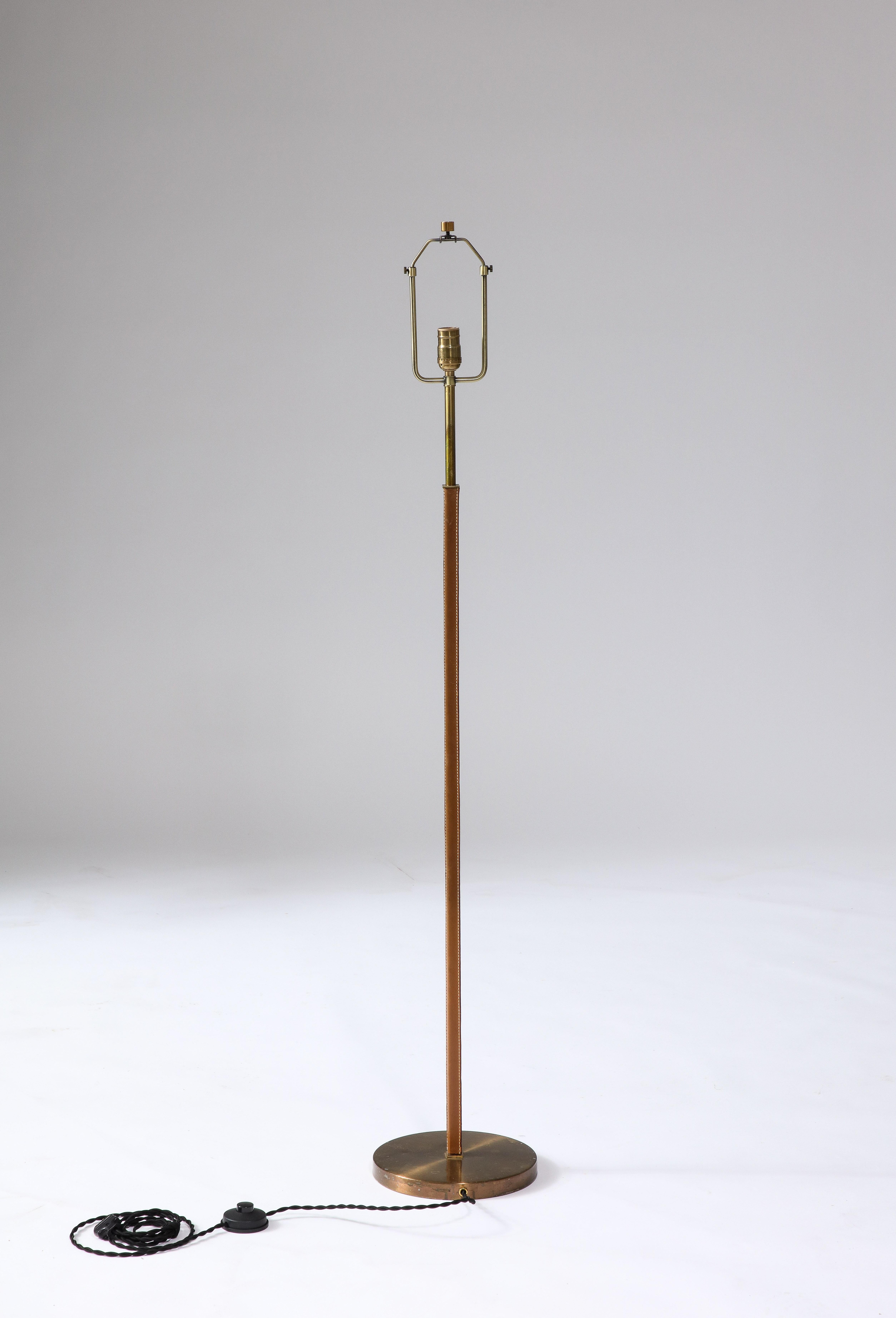 Brass and Leather Floor Lamp by Falkenbergs Belysning, Sweden, c. 1950 In Good Condition For Sale In New York City, NY