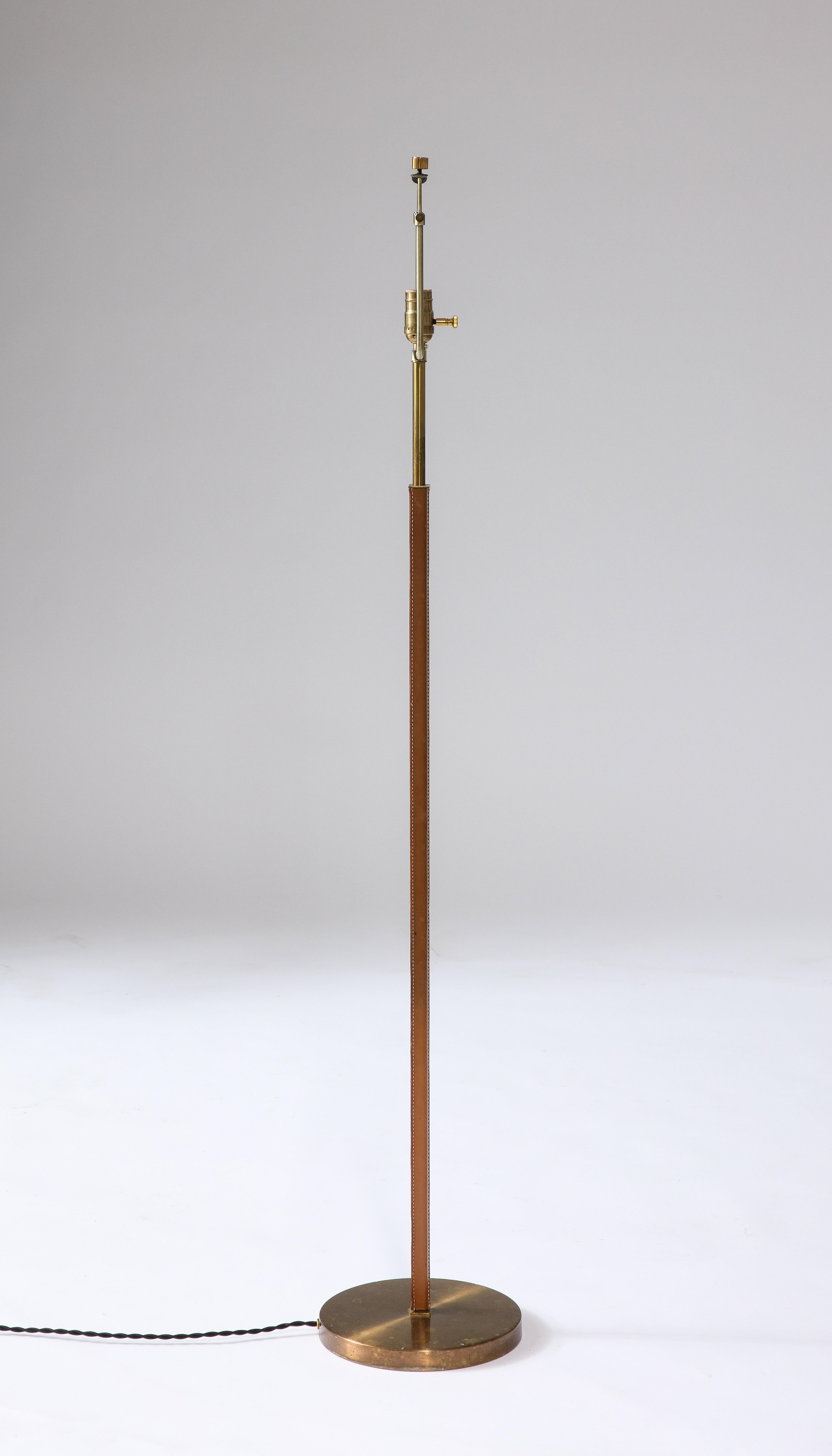 Mid-20th Century Brass and Leather Floor Lamp by Falkenbergs Belysning, Sweden, c. 1950 For Sale