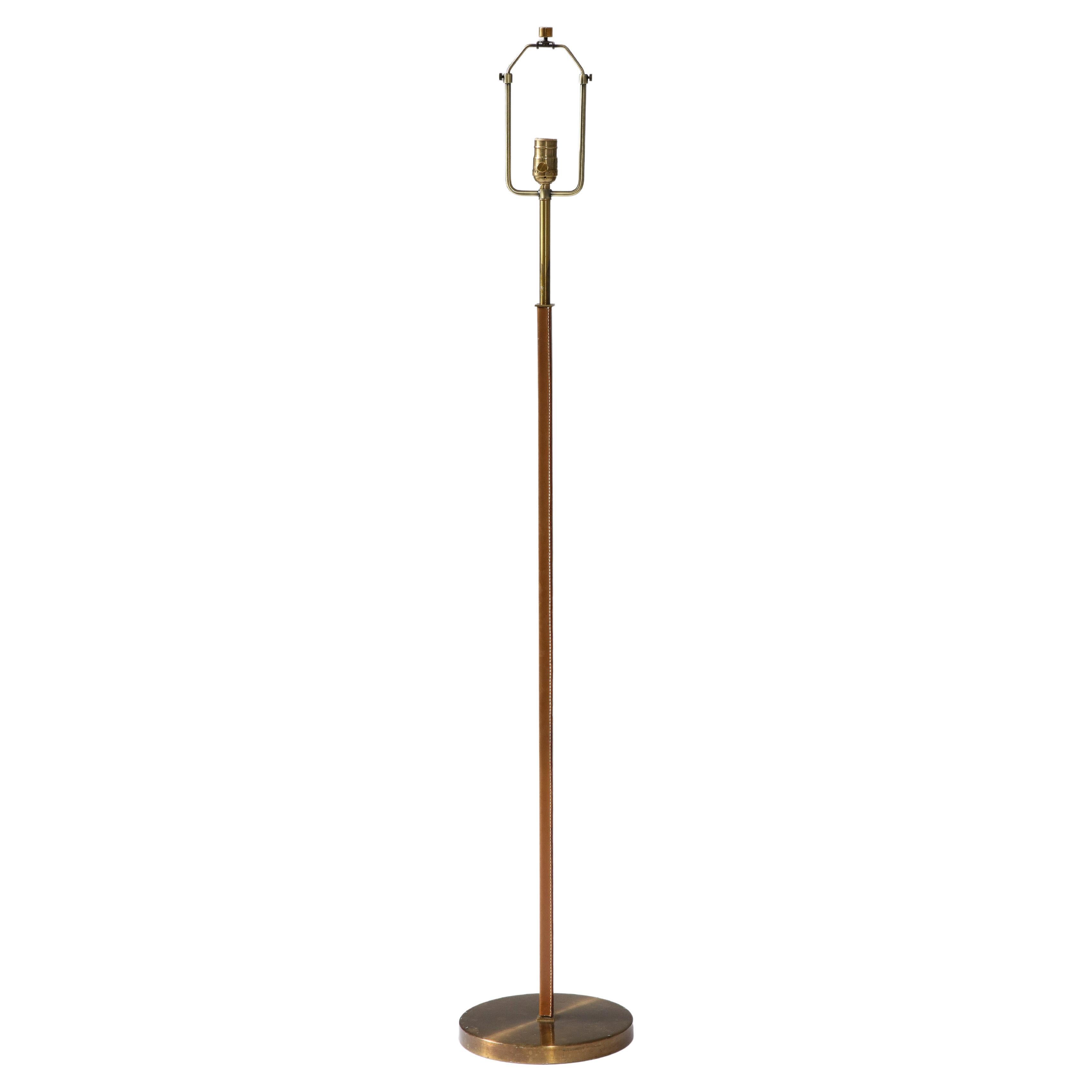 Brass and Leather Floor Lamp by Falkenbergs Belysning, Sweden, c. 1950 For Sale