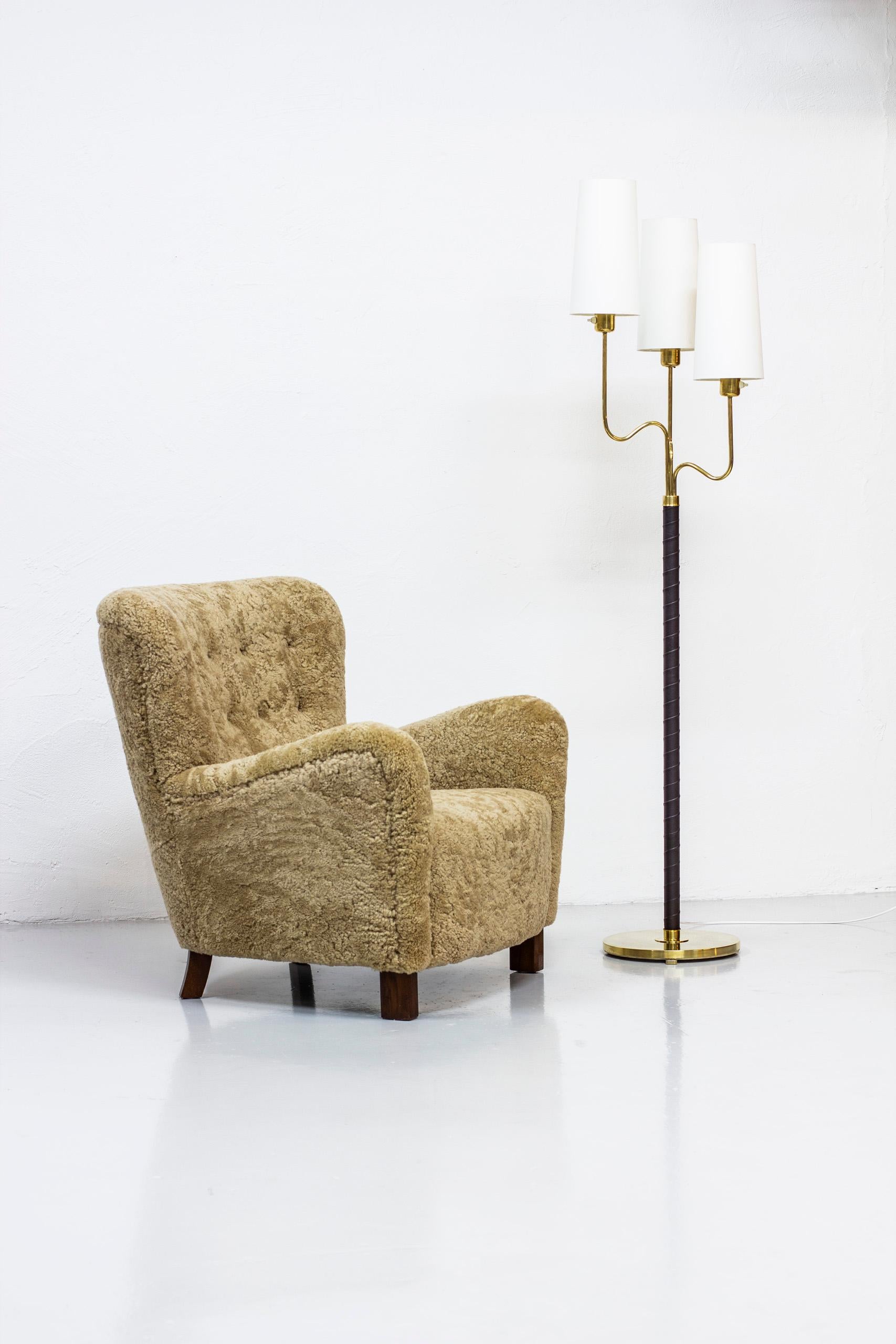 Mid-20th Century Brass and Leather Floor Lamp by Hans Bergström, Sweden, 1940s