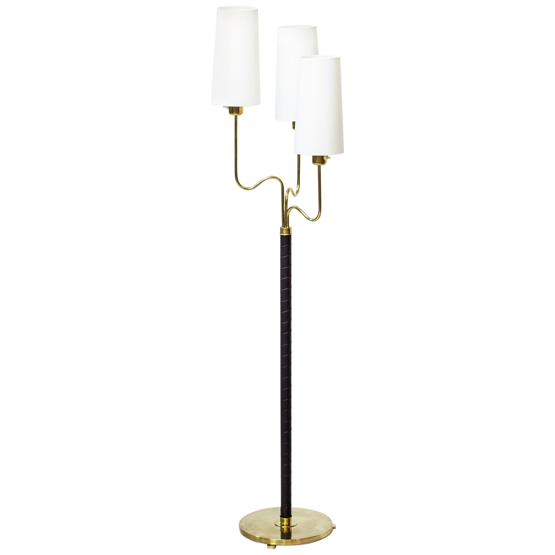 Brass and Leather Floor Lamp by Hans Bergström, Sweden, 1940s