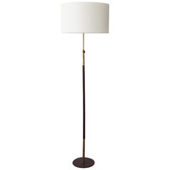 Brass and Leather Floor Lamp, France, 1950s
