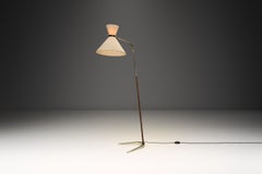 Brass and Leather Floor Lamp with Diabolo Shade, Europe 1950s