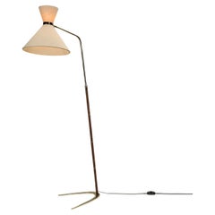 Stehlampe aus Messing und Leder mit Diabolo-Schirm, Europa 1950er Jahre