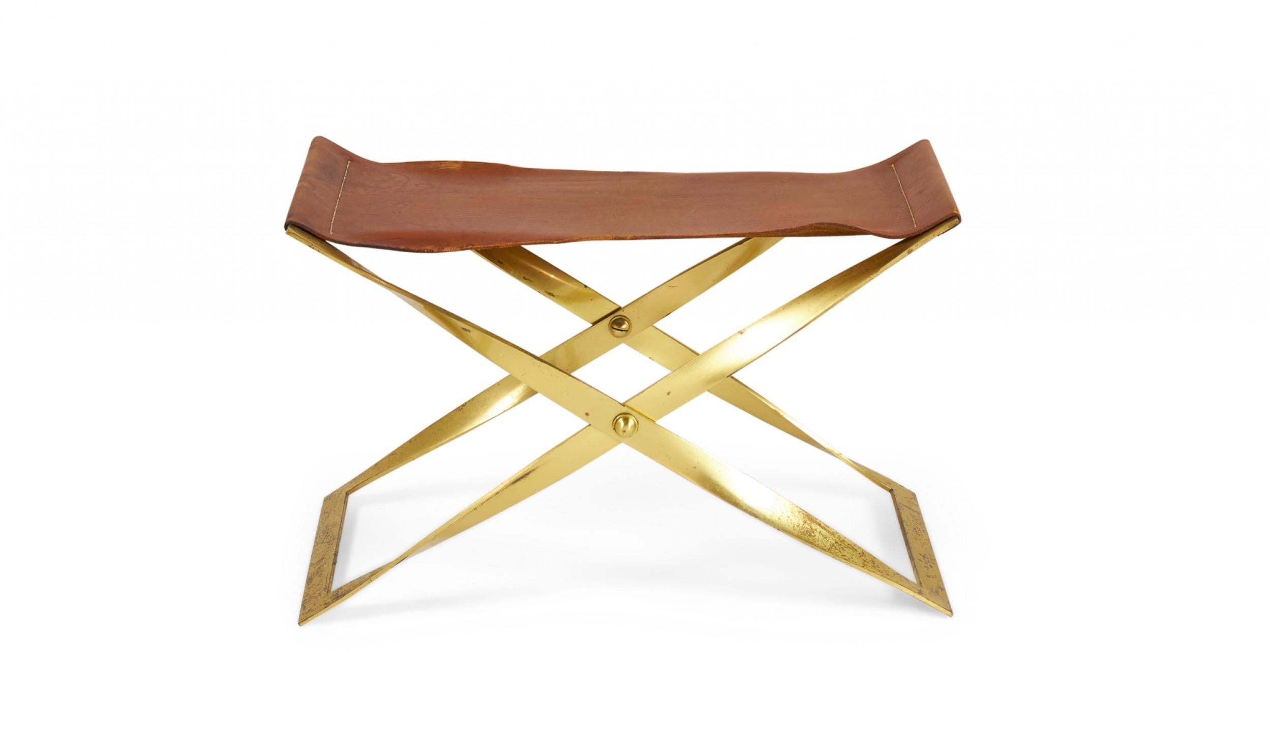 Mid-Century Modern Brass and Leather Sling Seat Scissor Bench For Sale