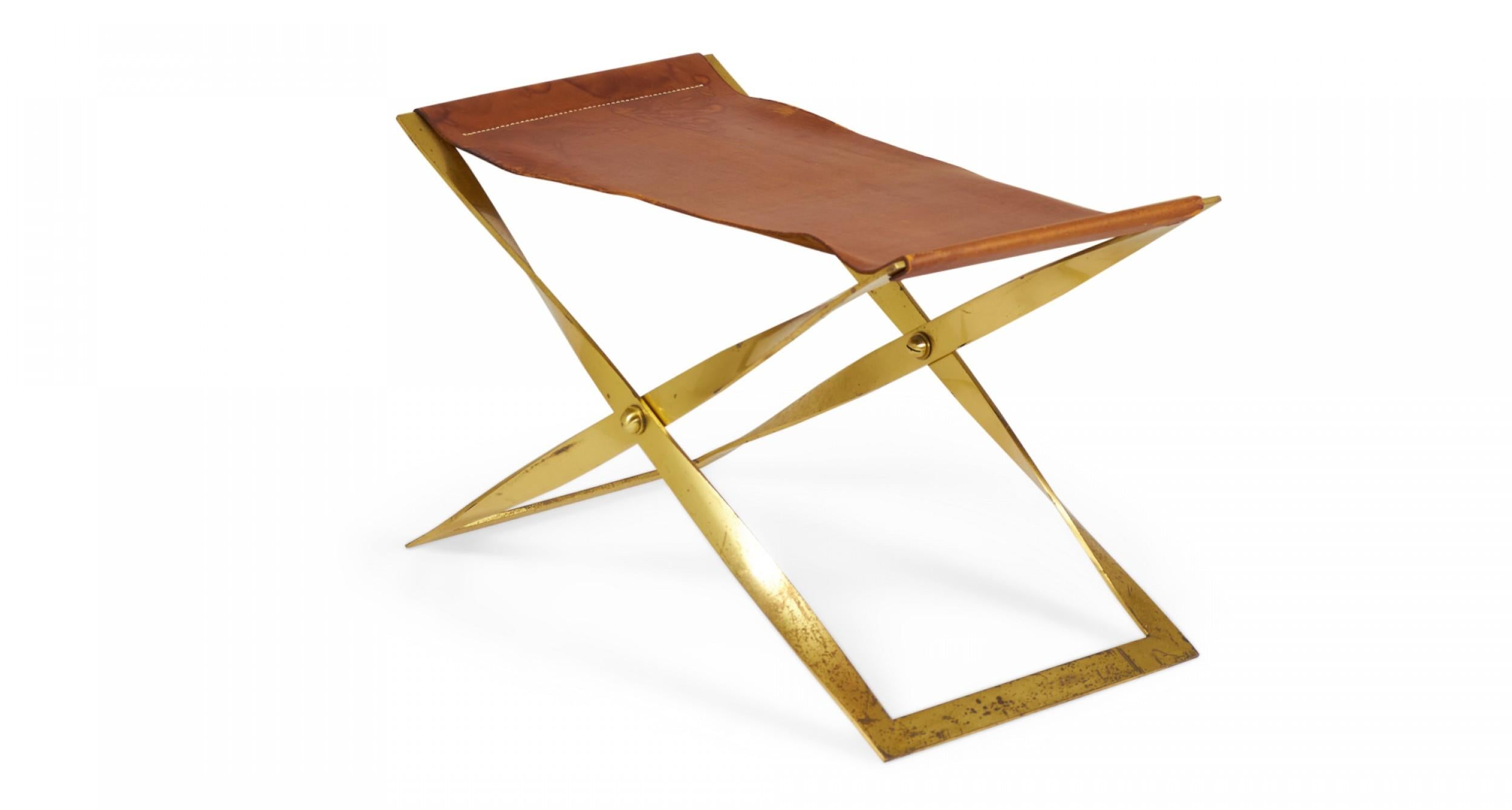 American Brass and Leather Sling Seat Scissor Bench For Sale