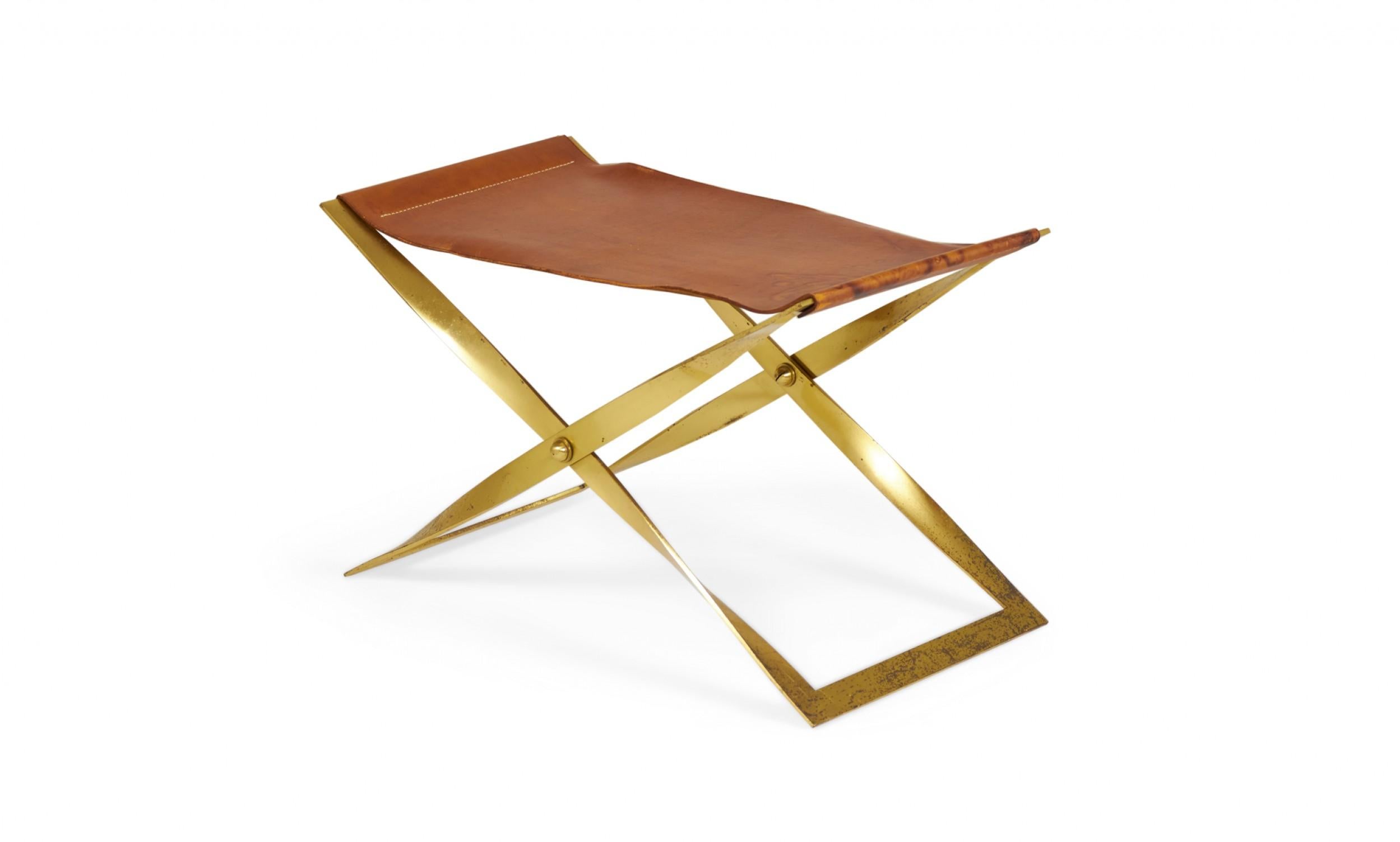 Brass and Leather Sling Seat Scissor Bench