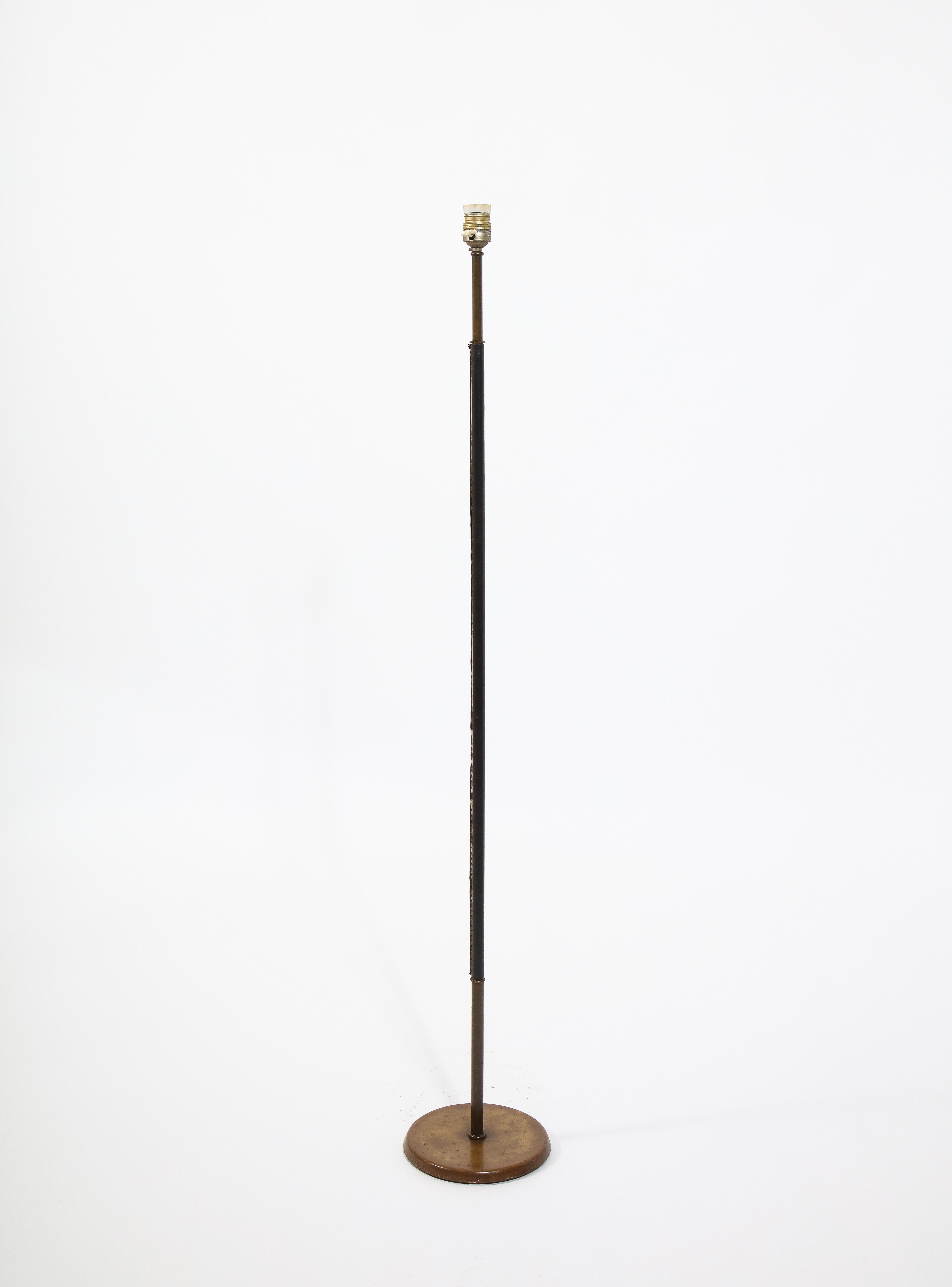Brass and Leather Standing Lamp, France 1950's 4