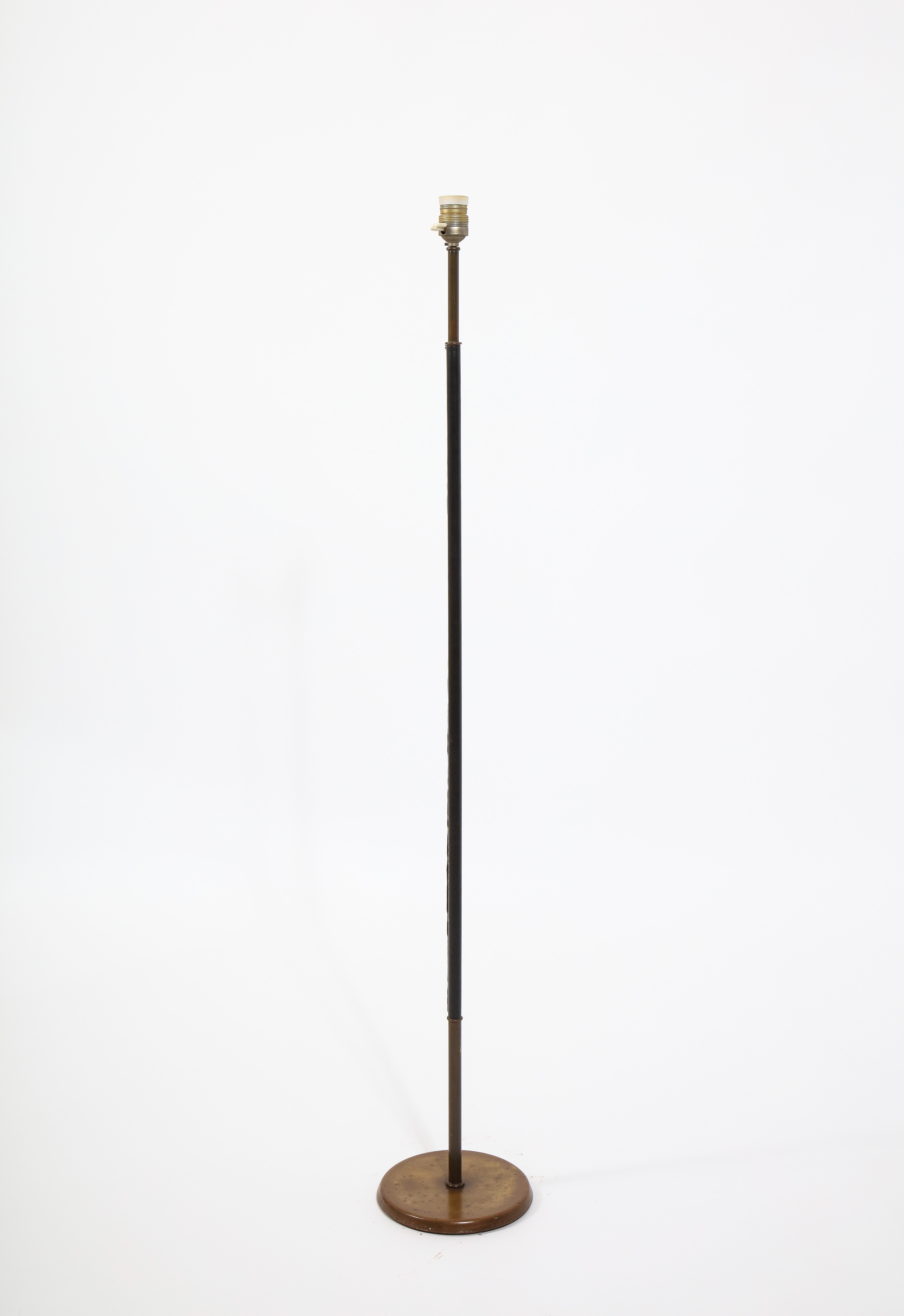 Mid-Century Modern Brass and Leather Standing Lamp, France 1950's