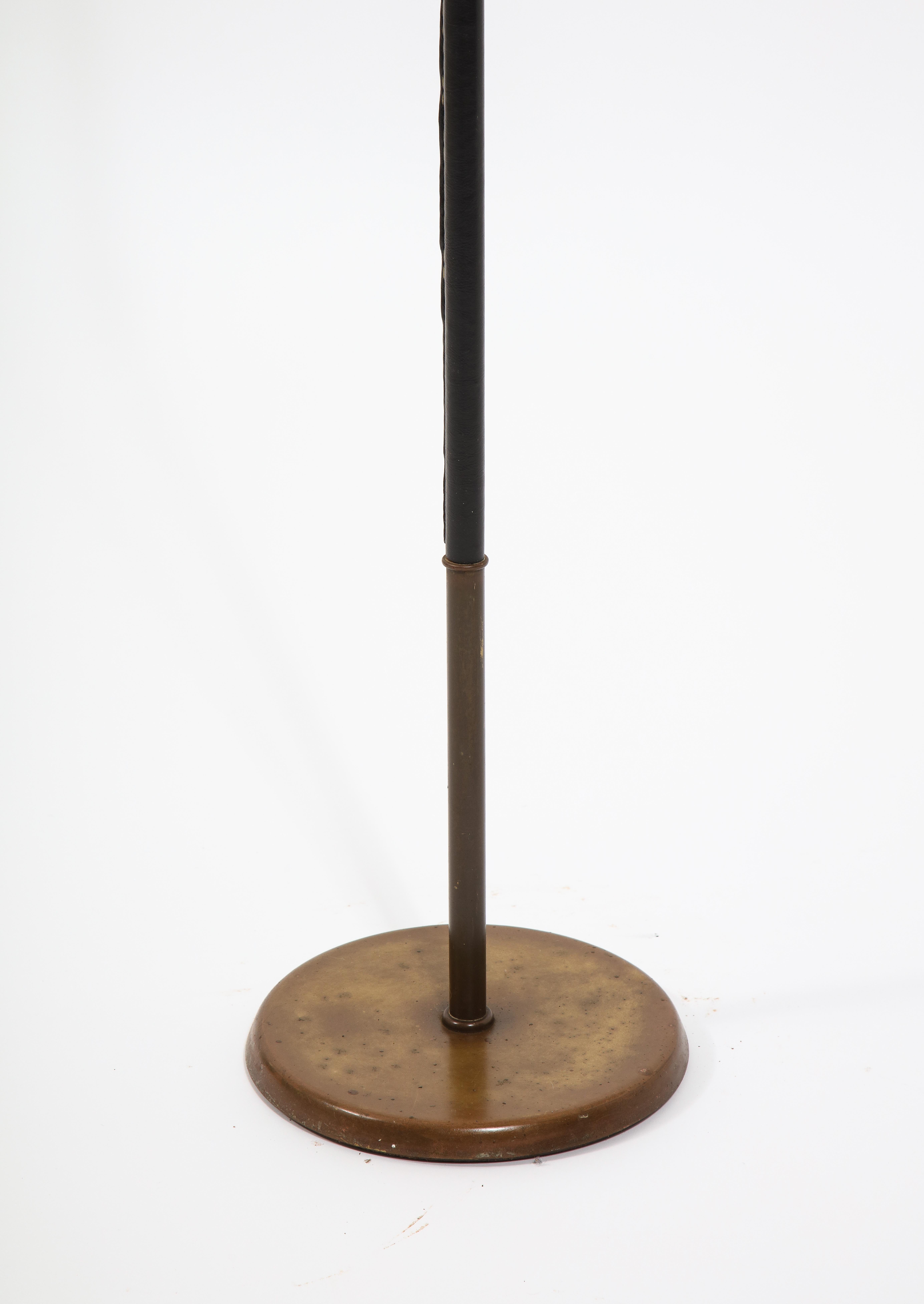 European Brass and Leather Standing Lamp, France 1950's