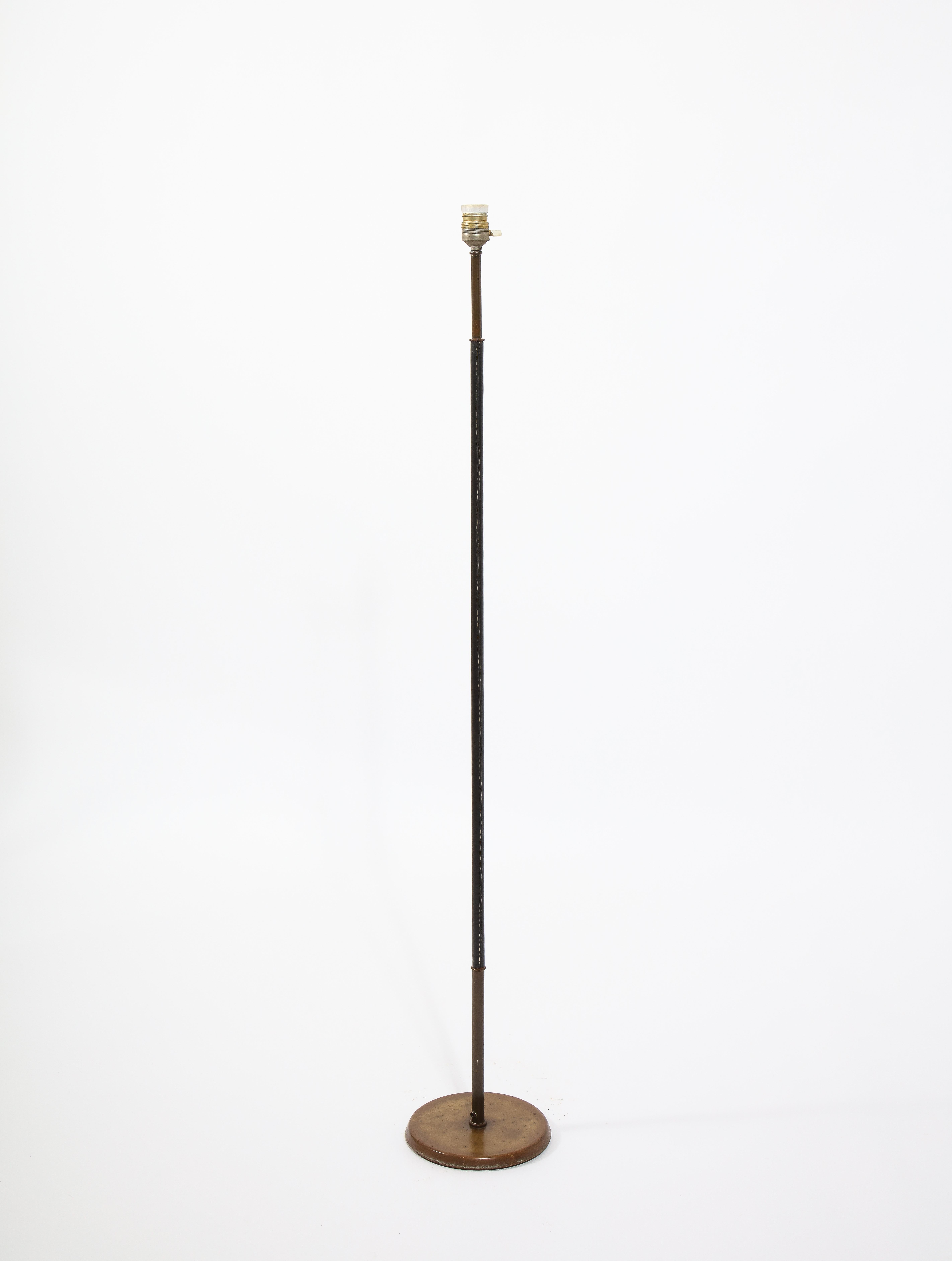 Brass and Leather Standing Lamp, France 1950's In Good Condition In New York, NY