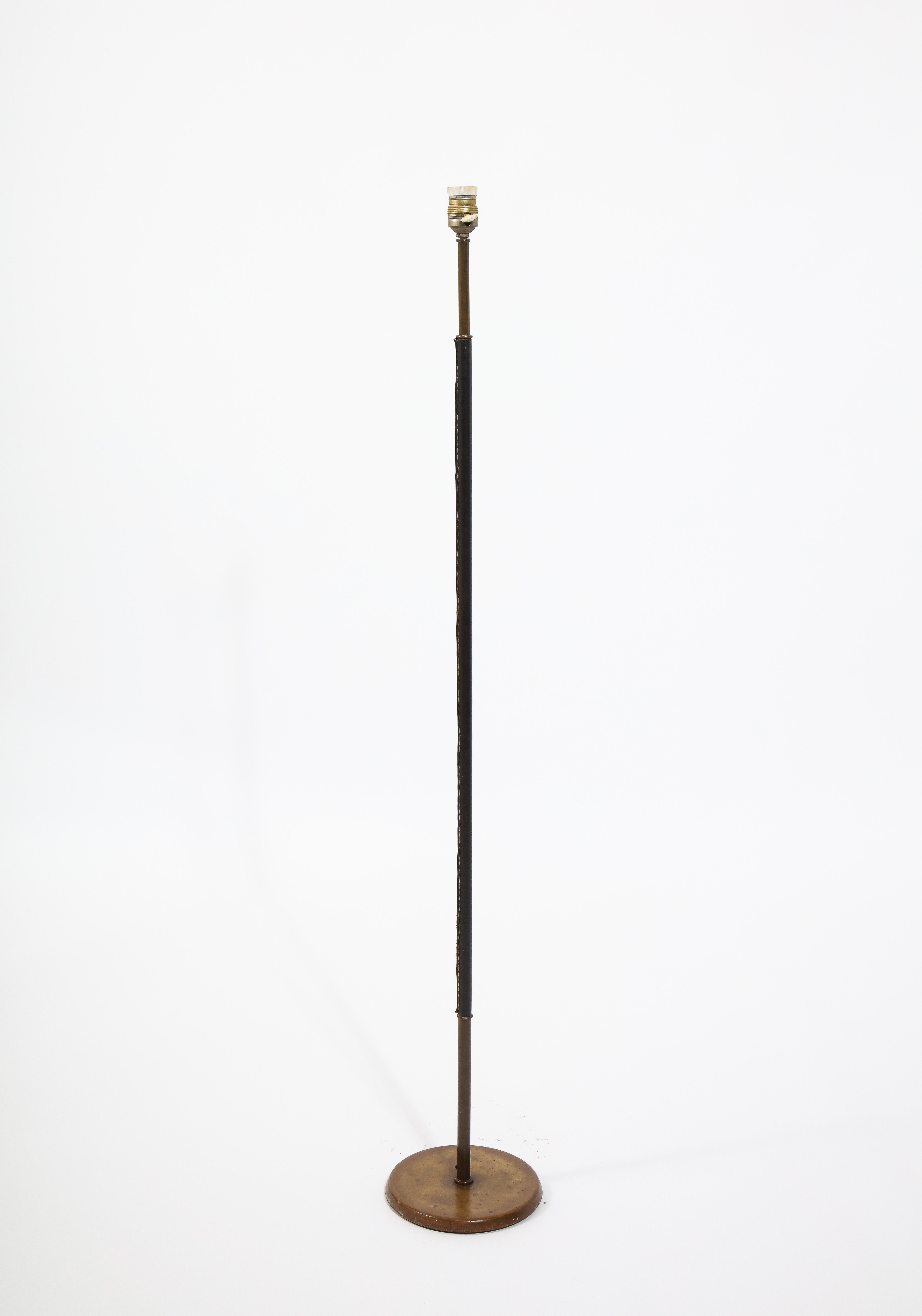Brass and Leather Standing Lamp, France 1950's 3