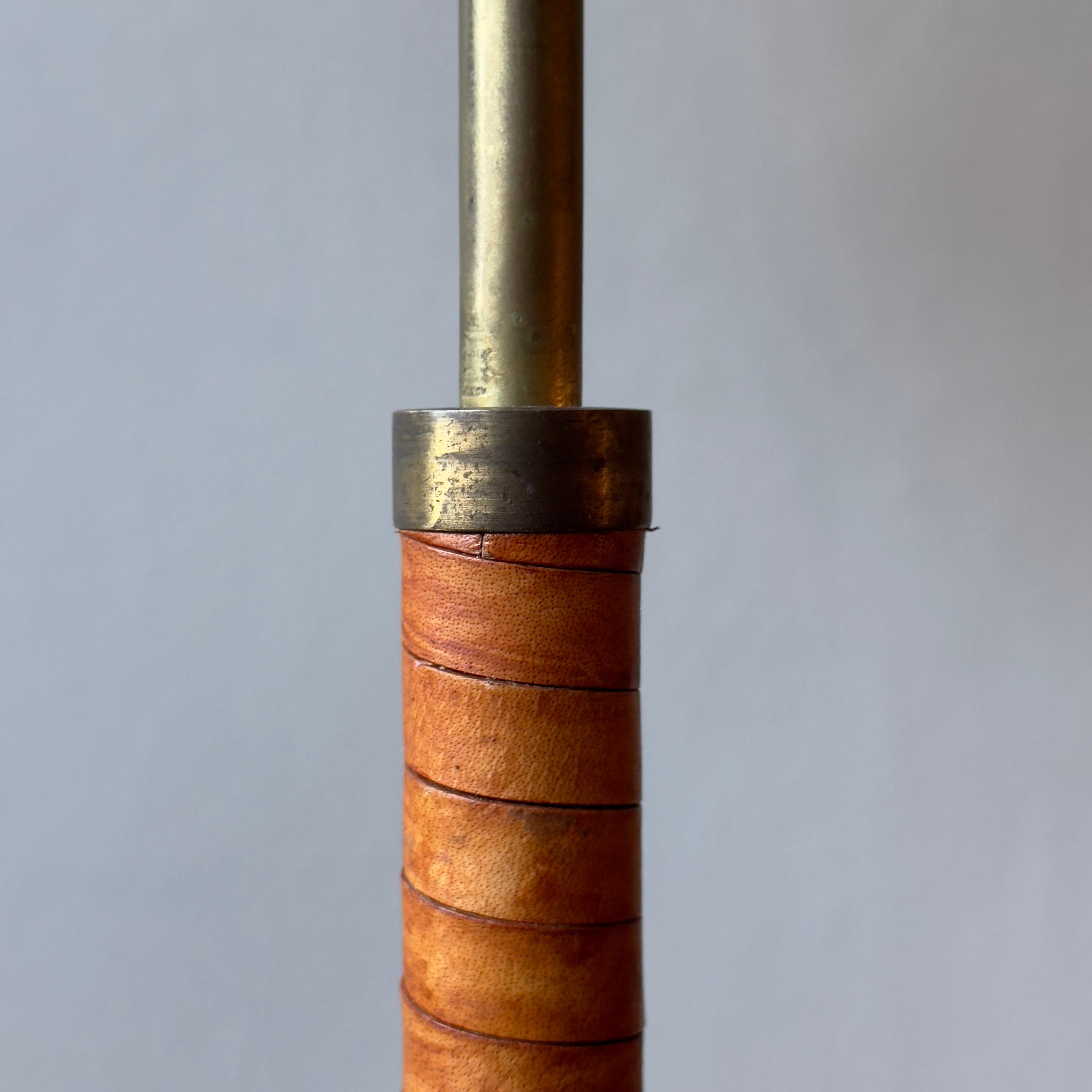 Mid-Century Modern Brass and Leather Telescopic Floor Lamp Denmark, 1950s