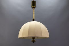 Brass and Light Beige Lampshade Three-Light Adjustable Height Pendant Light