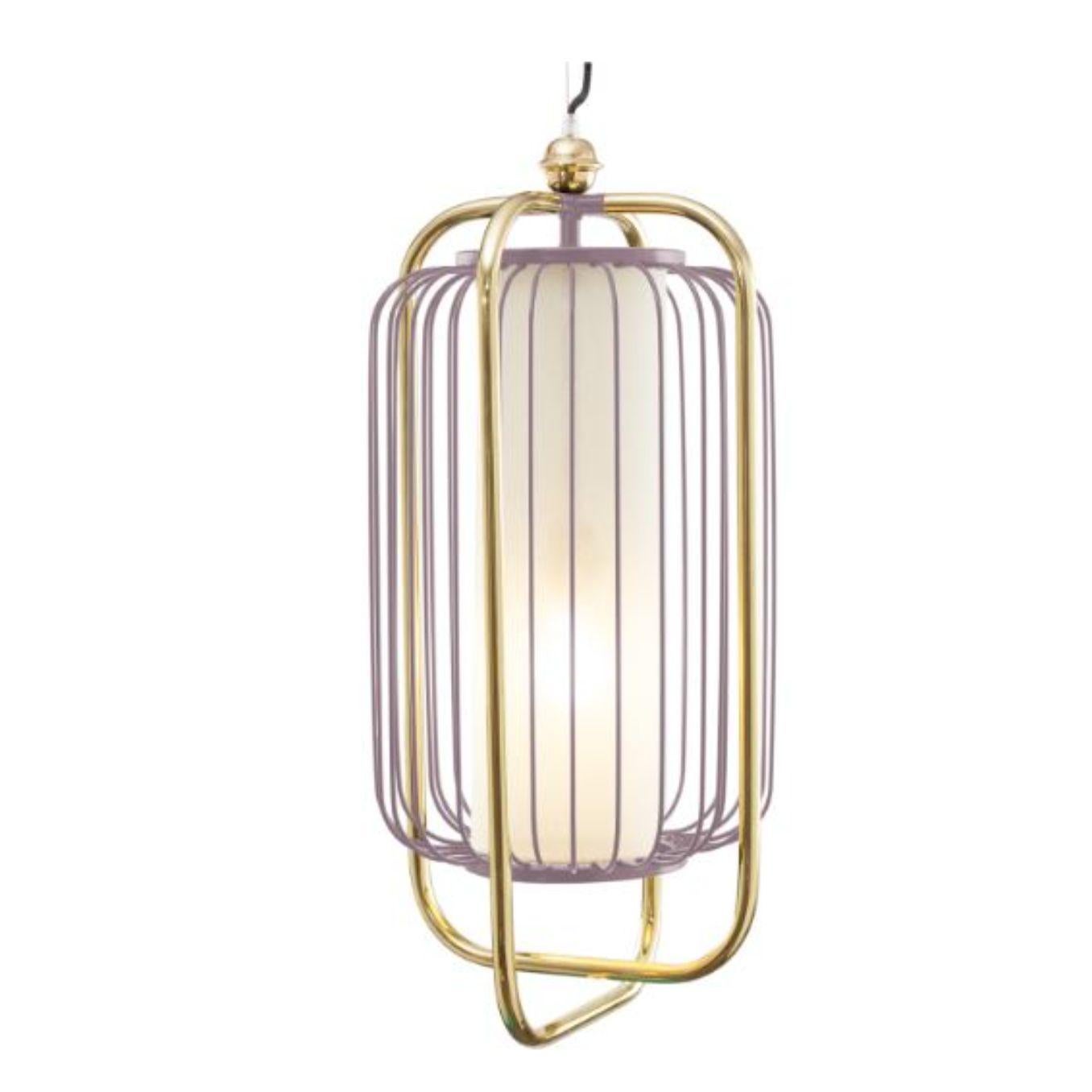 Brass and Lilac Jules II Suspension lamp by Dooq
Dimensions: W 30 x D 30 x H 64 cm
Materials: lacquered metal, polished or brushed metal, brass.
abat-jour: cotton
Also available in different colors and materials. 

Information:
230V/50Hz
E27/1x20W