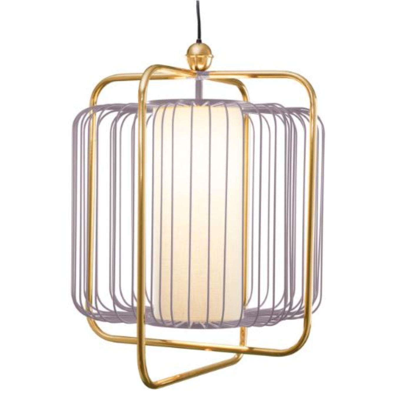 Brass and Lilac Jules suspension lamp by Dooq
Dimensions: W 73 x D 73 x H 72 cm
Materials: lacquered metal, polished or brushed metal, brass.
abat-jour: cotton
Also available in different colours and