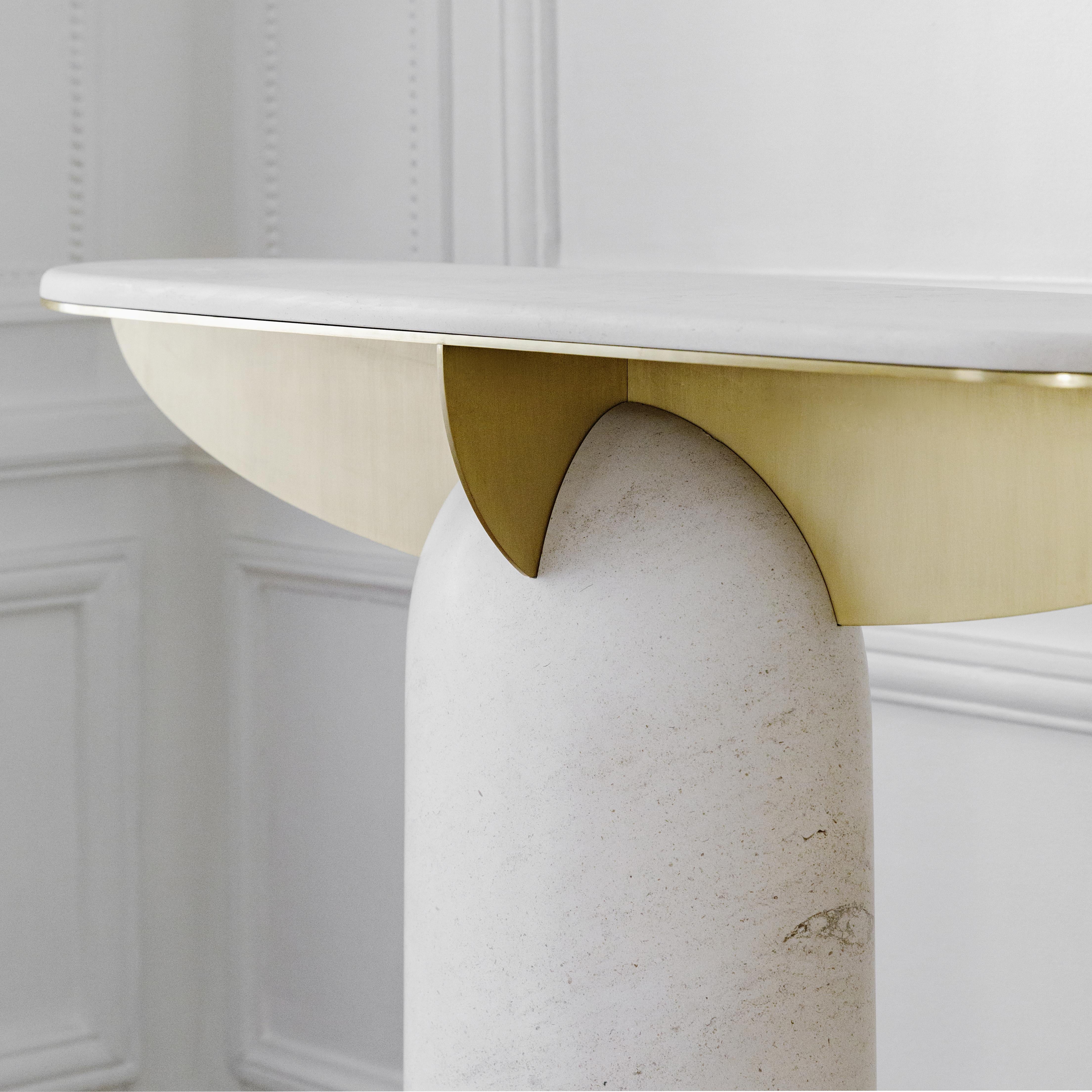 French Funambule Brass and Limestone Console by Frédéric Saulou For Sale
