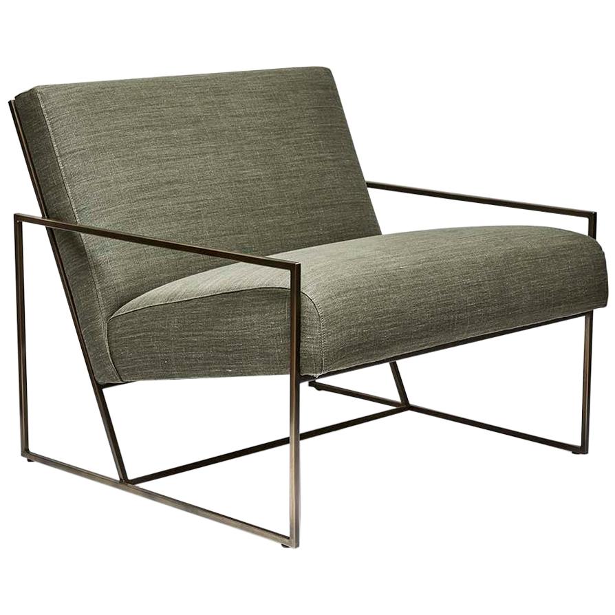 Brass and Linen Thin Frame Lounge Chair by Lawson-Fenning