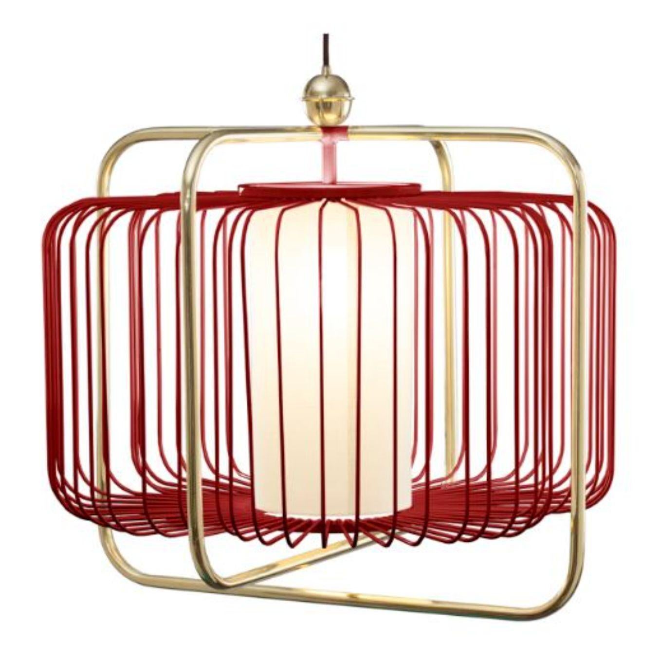 Brass and lipstick Jules I suspension lamp by Dooq
Dimensions: W 63 x D 63 x H 57 cm
Materials: lacquered metal, polished or brushed metal, brass.
abat-jour: cotton
Also available in different colours and