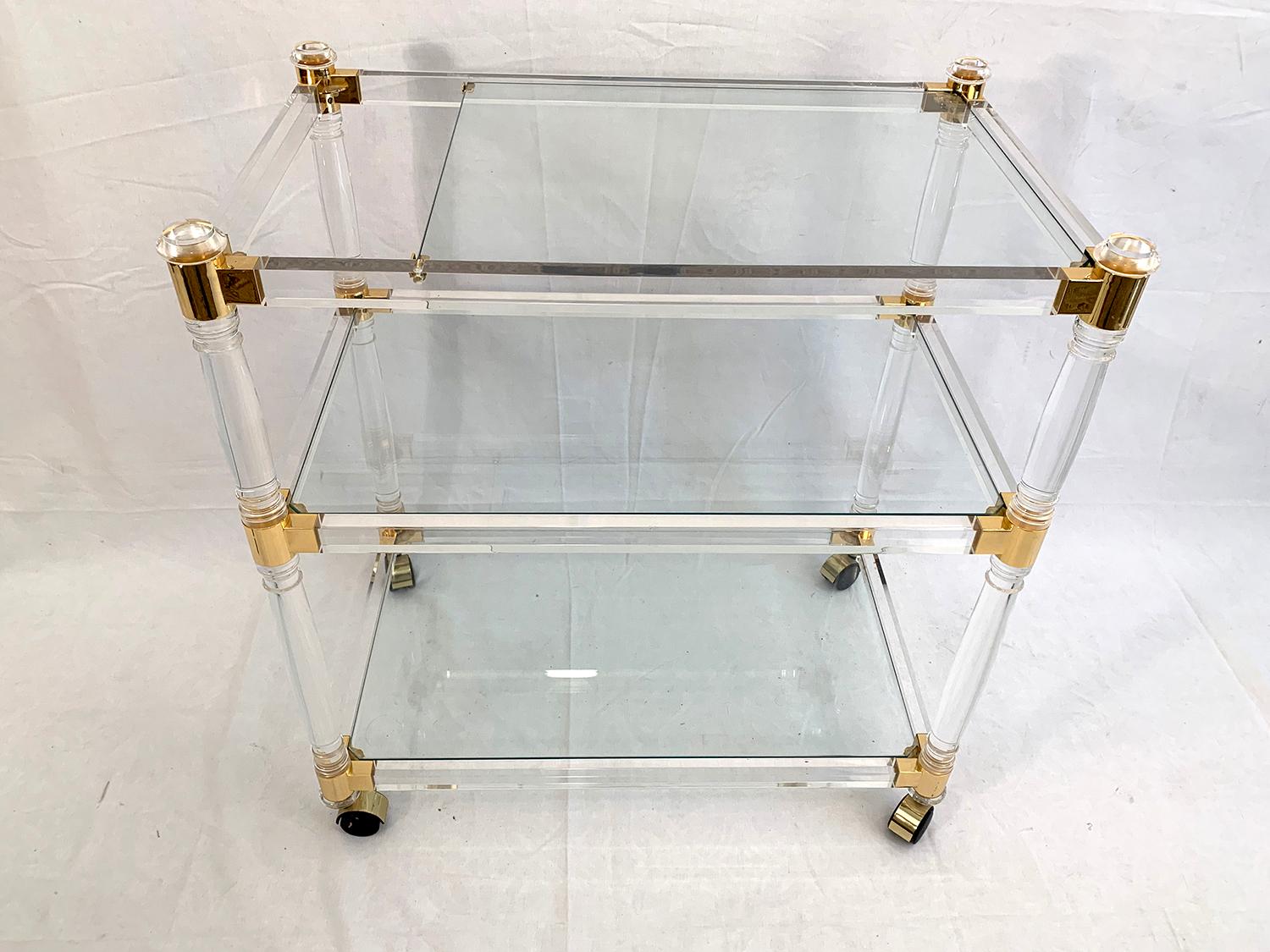 Mid-Century Modern Brass and Lucite Bar Cart or Trolley with Glass Top For Sale