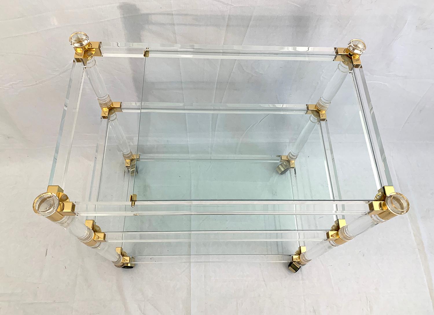 European Brass and Lucite Bar Cart or Trolley with Glass Top For Sale