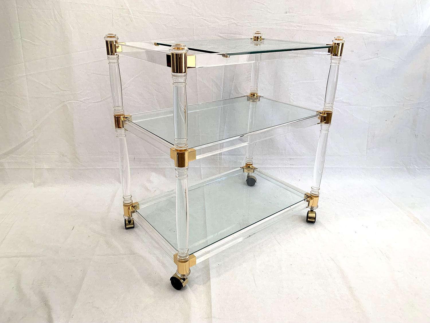Late 20th Century Brass and Lucite Bar Cart or Trolley with Glass Top For Sale