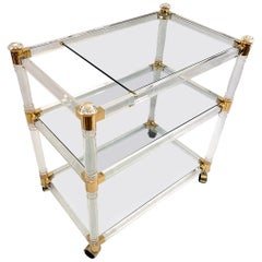 Brass and Lucite Bar Cart or Trolley with Glass Top