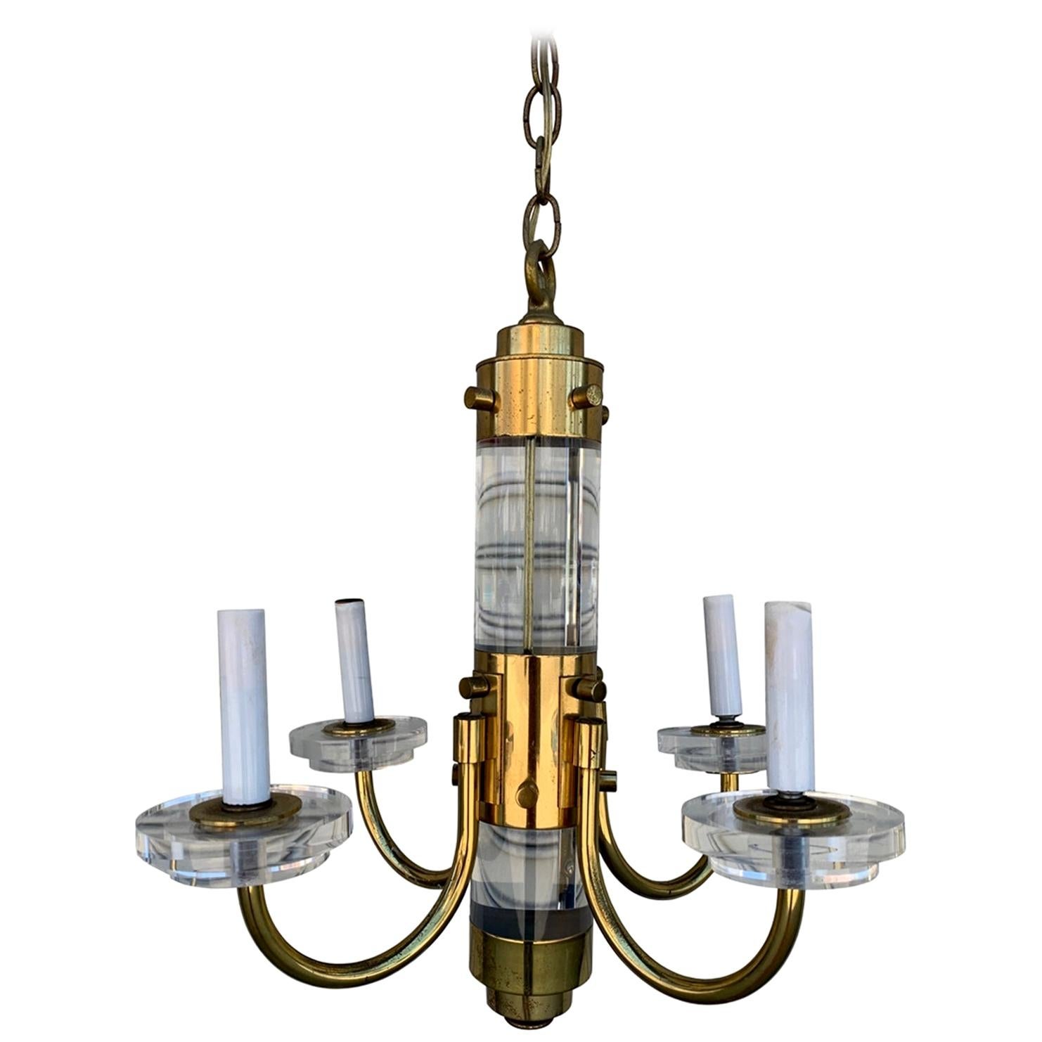 Brass and Lucite Chandelier Attributed to Charles Hollis Jones